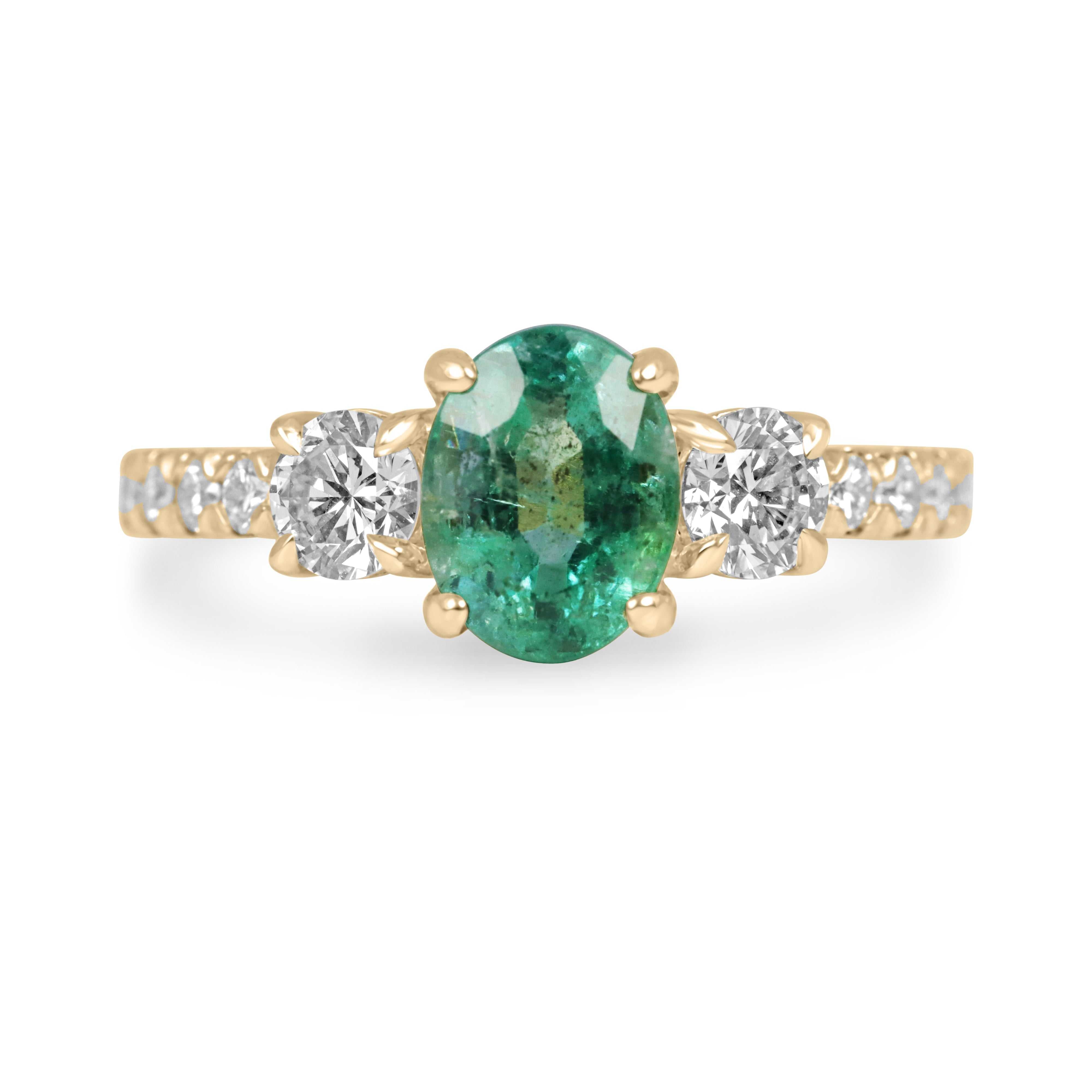 14K gold three-stone ring featuring 2.40ctw oval emerald and round lab diamond accents, elegant jewelry by JR Colombian Emeralds