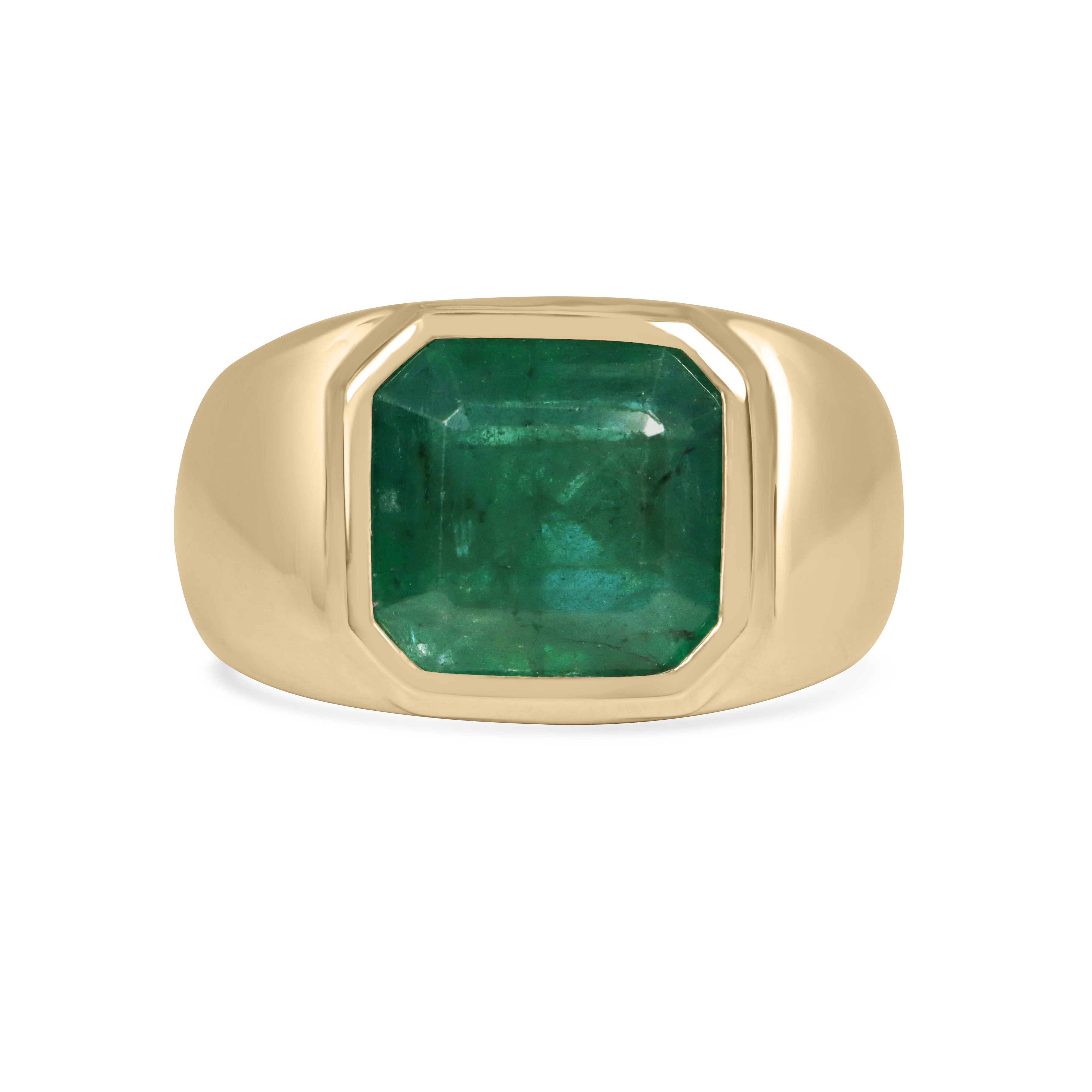 4.40 Carat Wide Earth Mined Emerald Asscher Cut Unisex Bezel Signet Pinky Ring 14K
