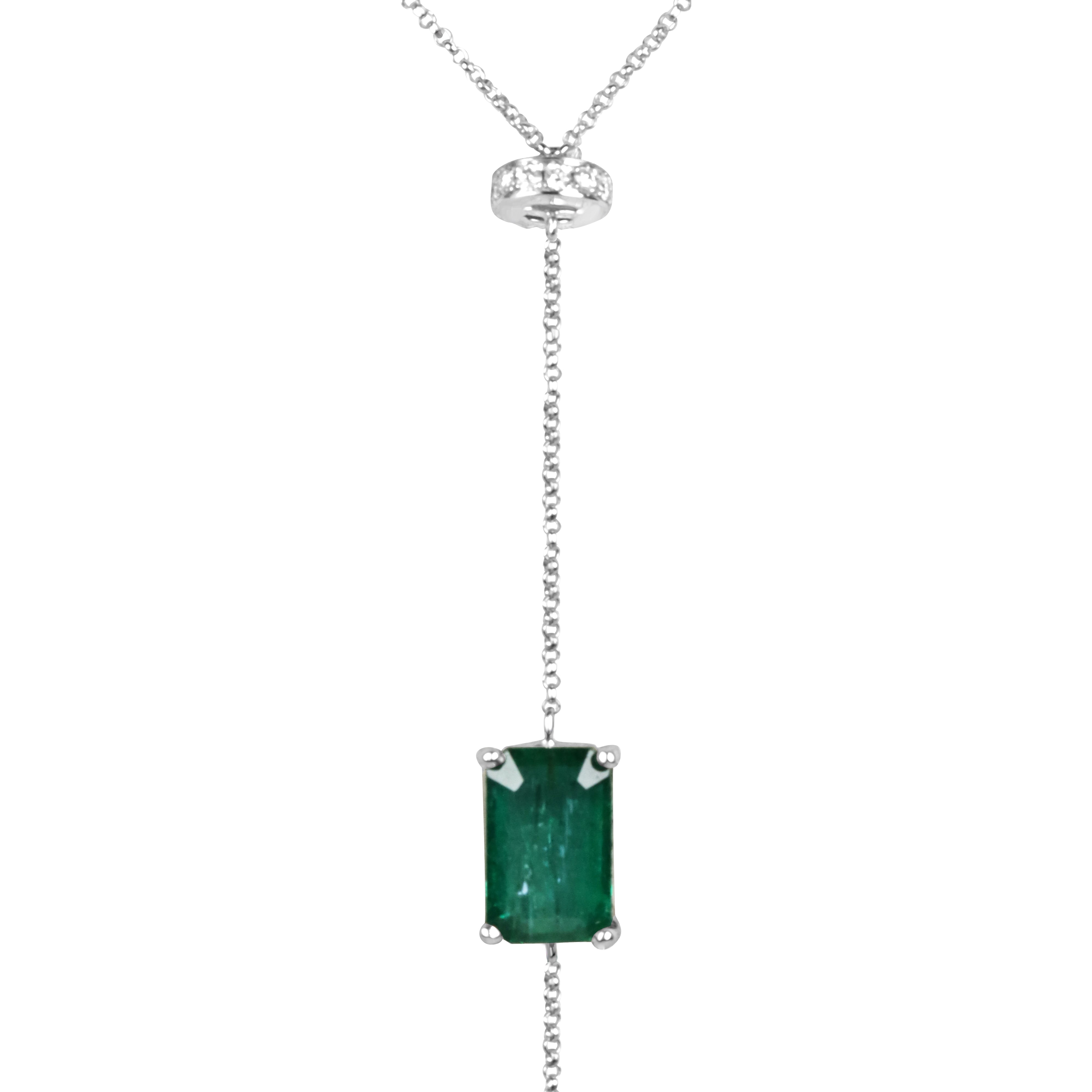 Natural emerald and diamond lariat necklace in 14K white gold with 3.25 carats total weight, designed by JR Colombian Emeralds.