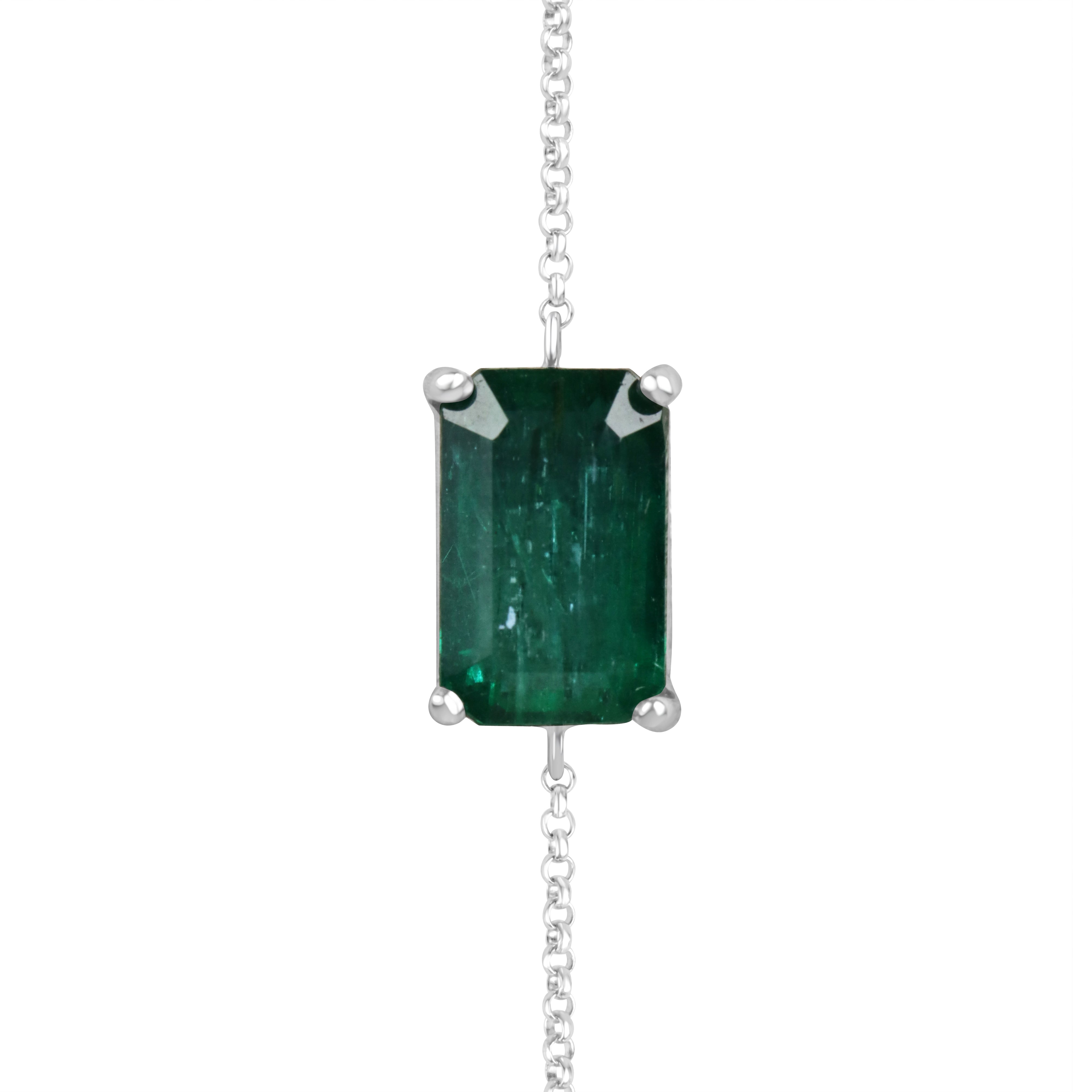 Natural emerald and diamond lariat necklace in 14K white gold featuring 3.25tcw of gemstones from JR Colombian Emeralds.