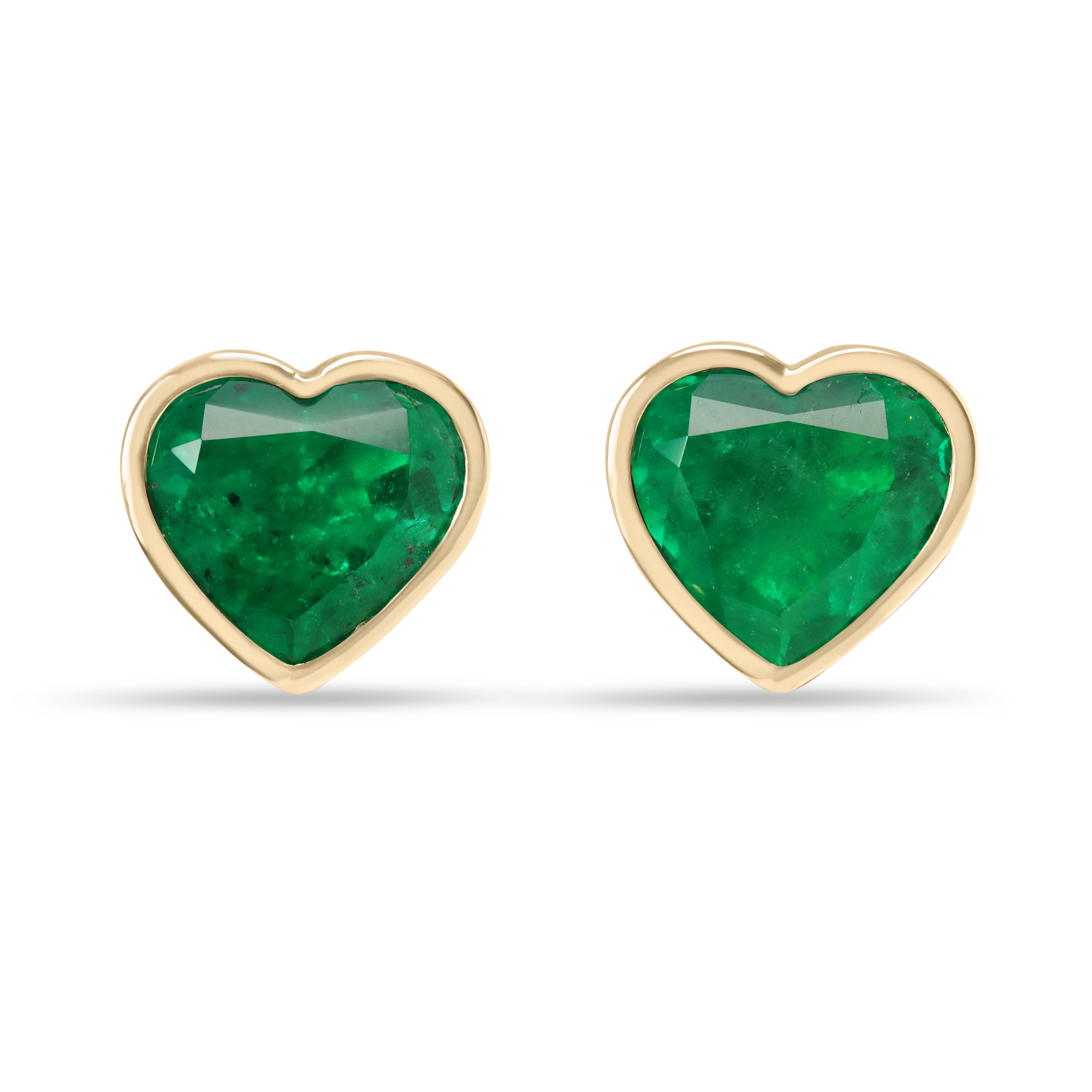 Classic Hour At Emerald Hall(中古品) 13.60tcw AAA Vivid Colombian Emerald Bezel Set Heart Studs 18K