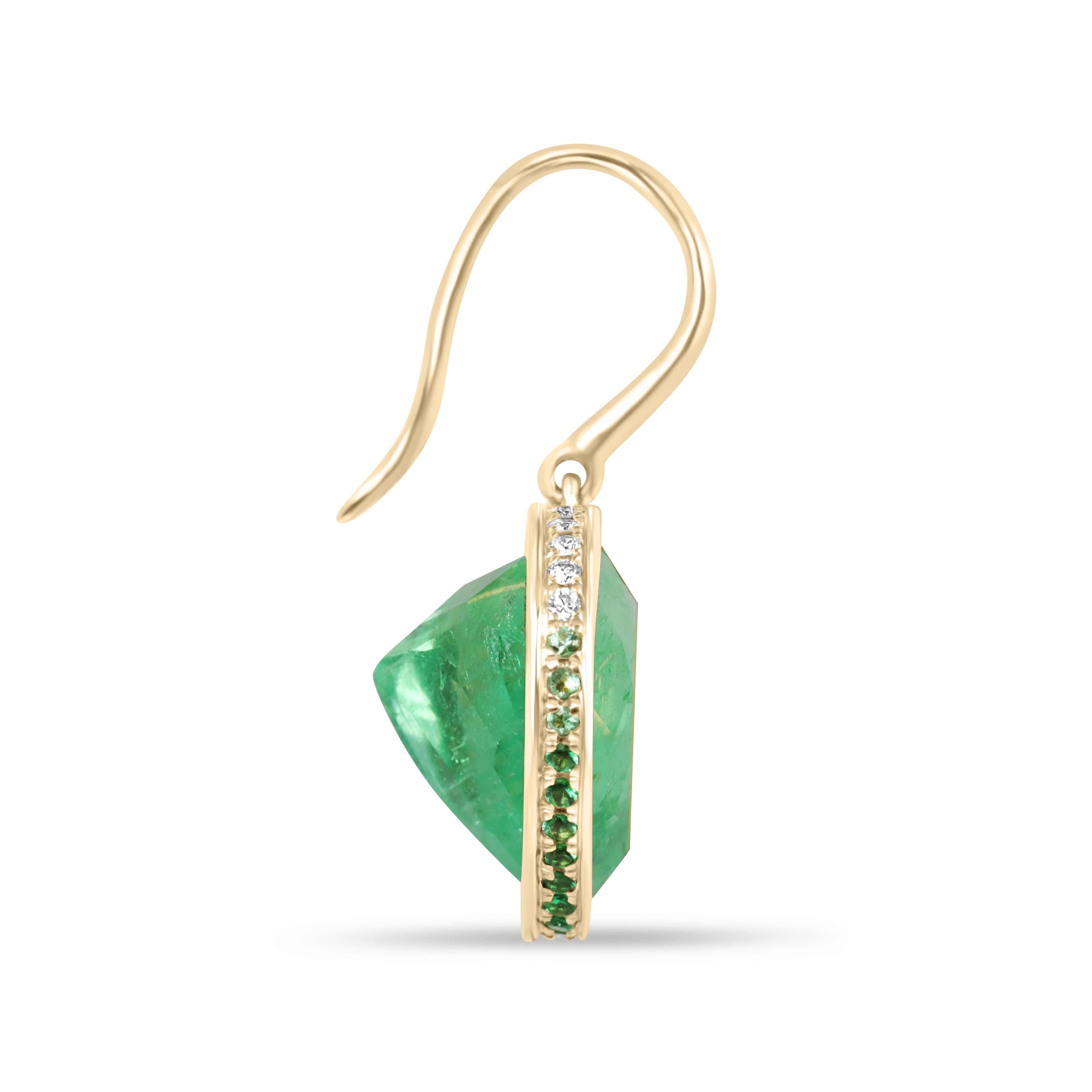 17.40tcw Bubbly Colombian Emerald Heart Dangle Earrings with Ombre Diamond & Emerald Bezel 18K