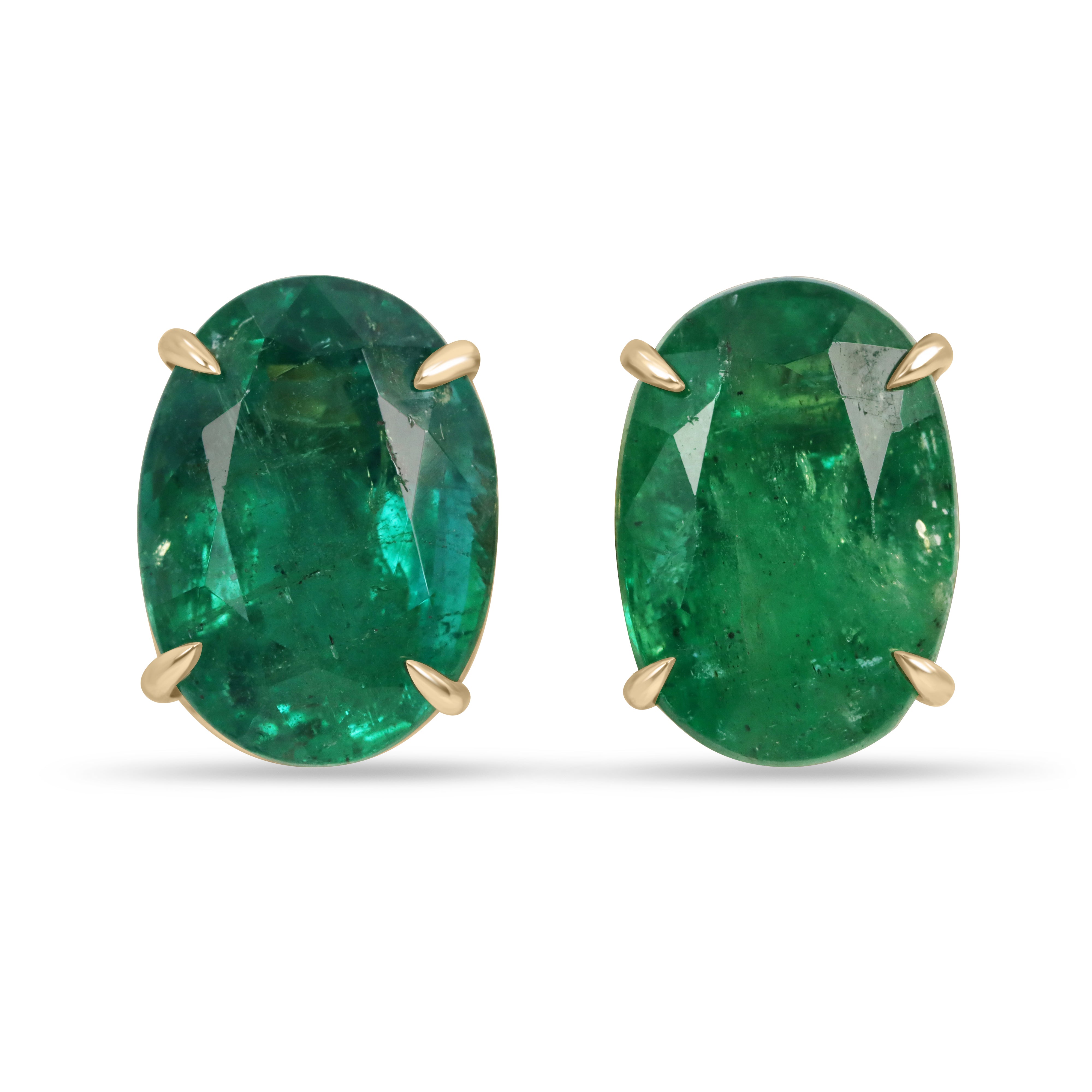 Boucles d'oreilles solitaires ovales en émeraude AAA vert foncé classique, 11,90 carats, en or 18 carats