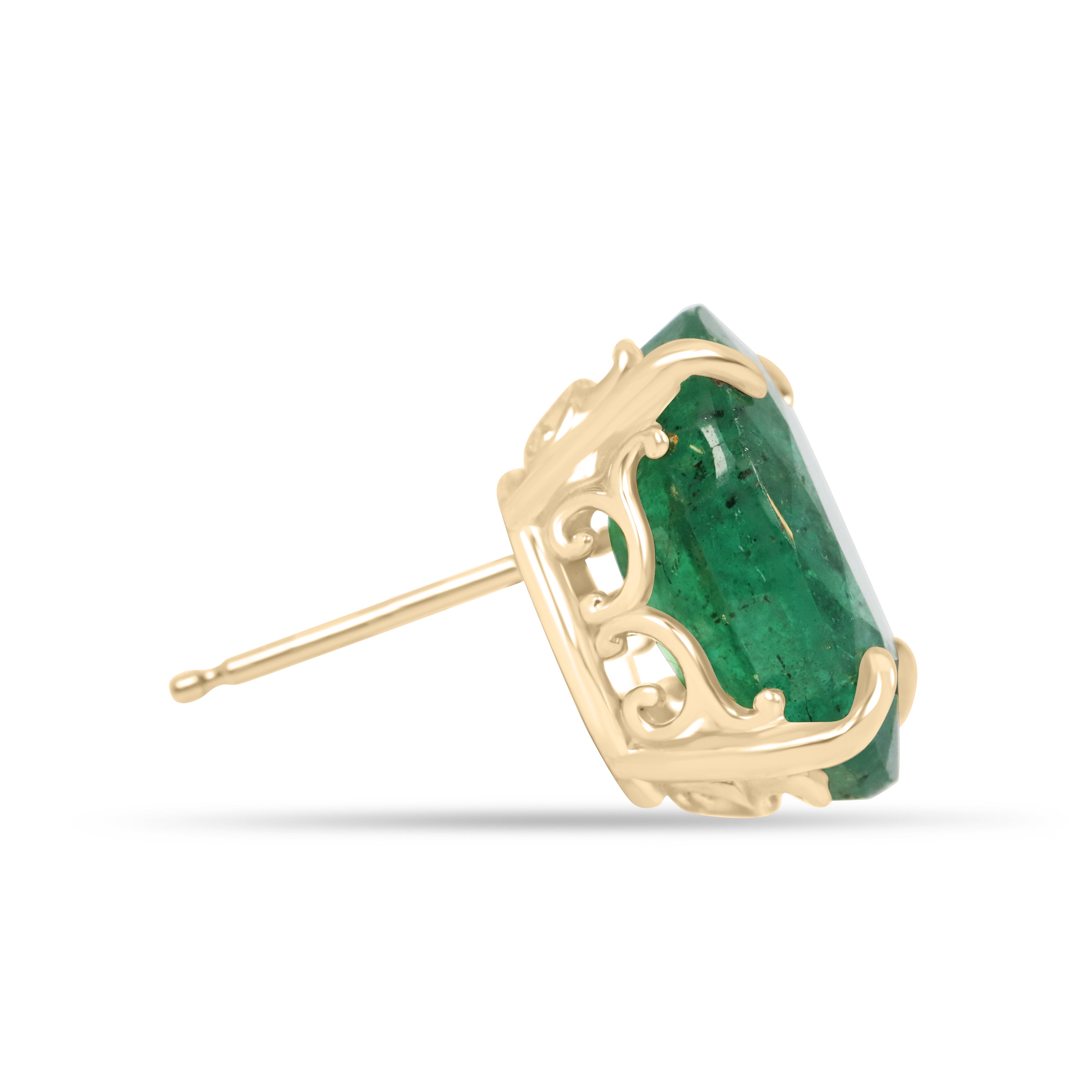 Boucle d'oreille en or 18 carats avec émeraude naturelle ovale de 9,56 carats, sertie à 4 griffes et couronnée d'une fleur de lys