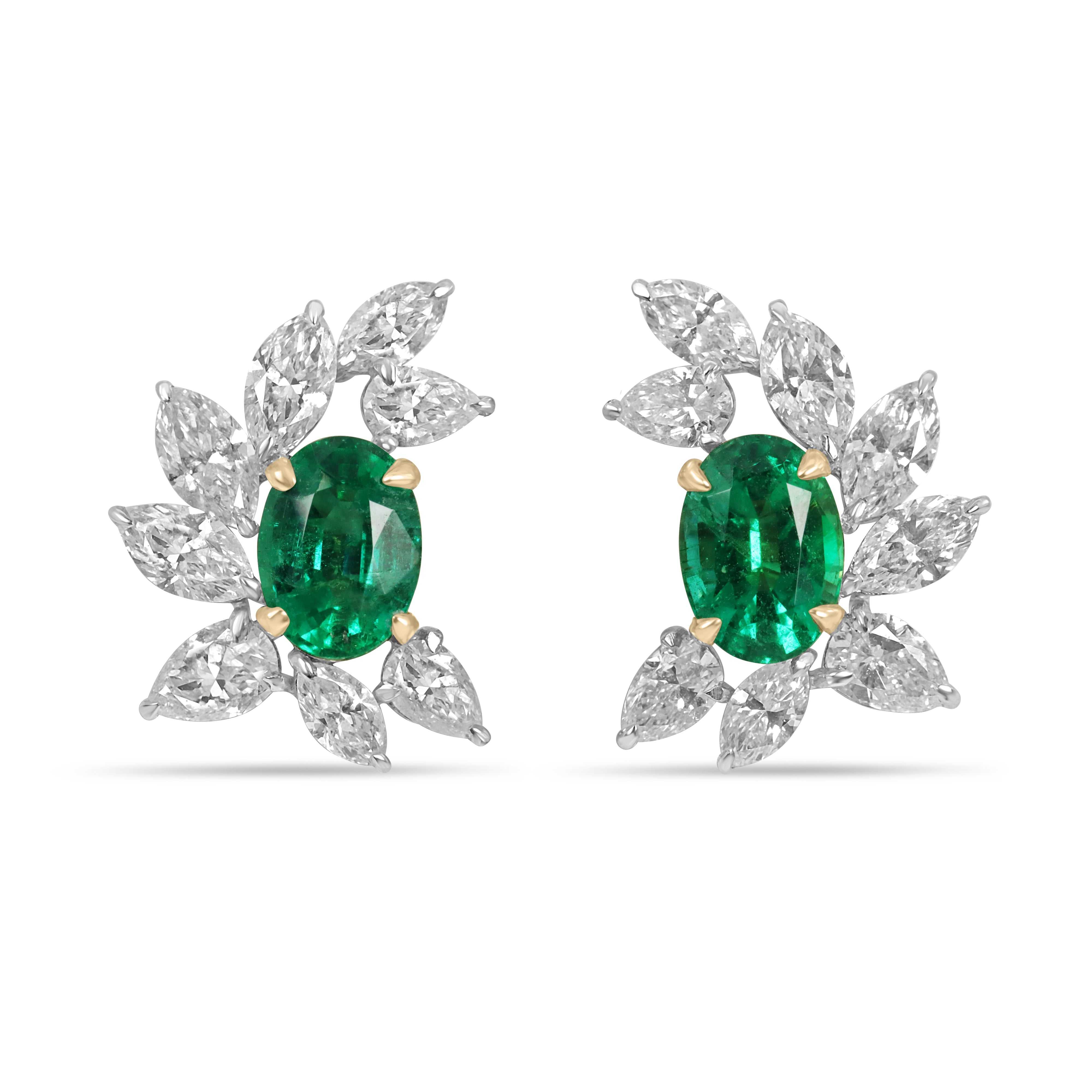 3.69tcw Oval Emerald and Diamond Marquise Pear Stud Earrings 18K Yellow and White Gold