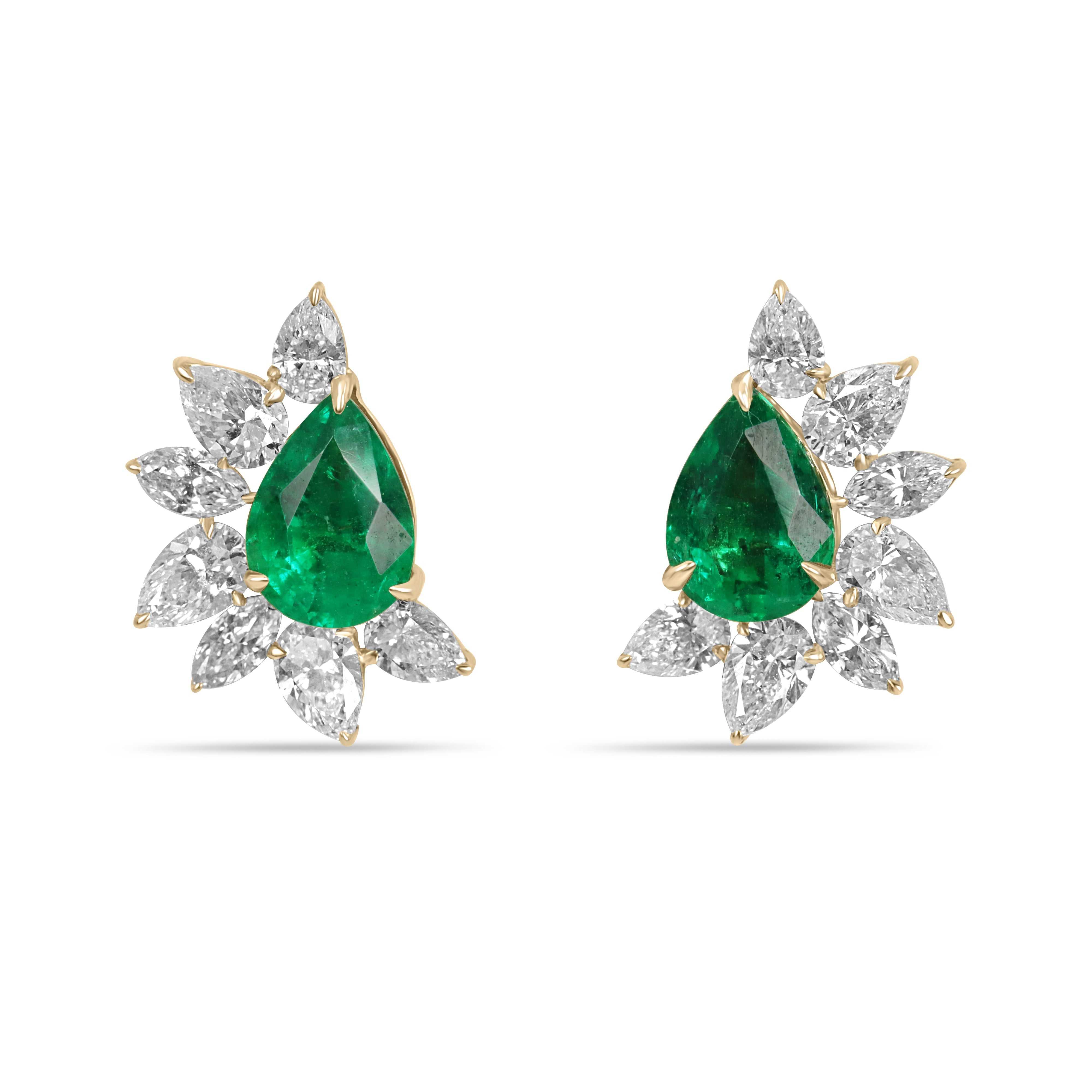 2.68tcw 18K yellow gold pear emerald and diamond starburst stud earrings