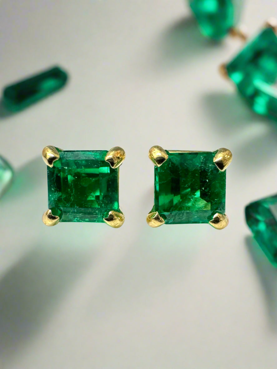 0.64tcw 4x4 AAA+ Muzo Green Asscher Cut Colombian Emerald Studs 18K