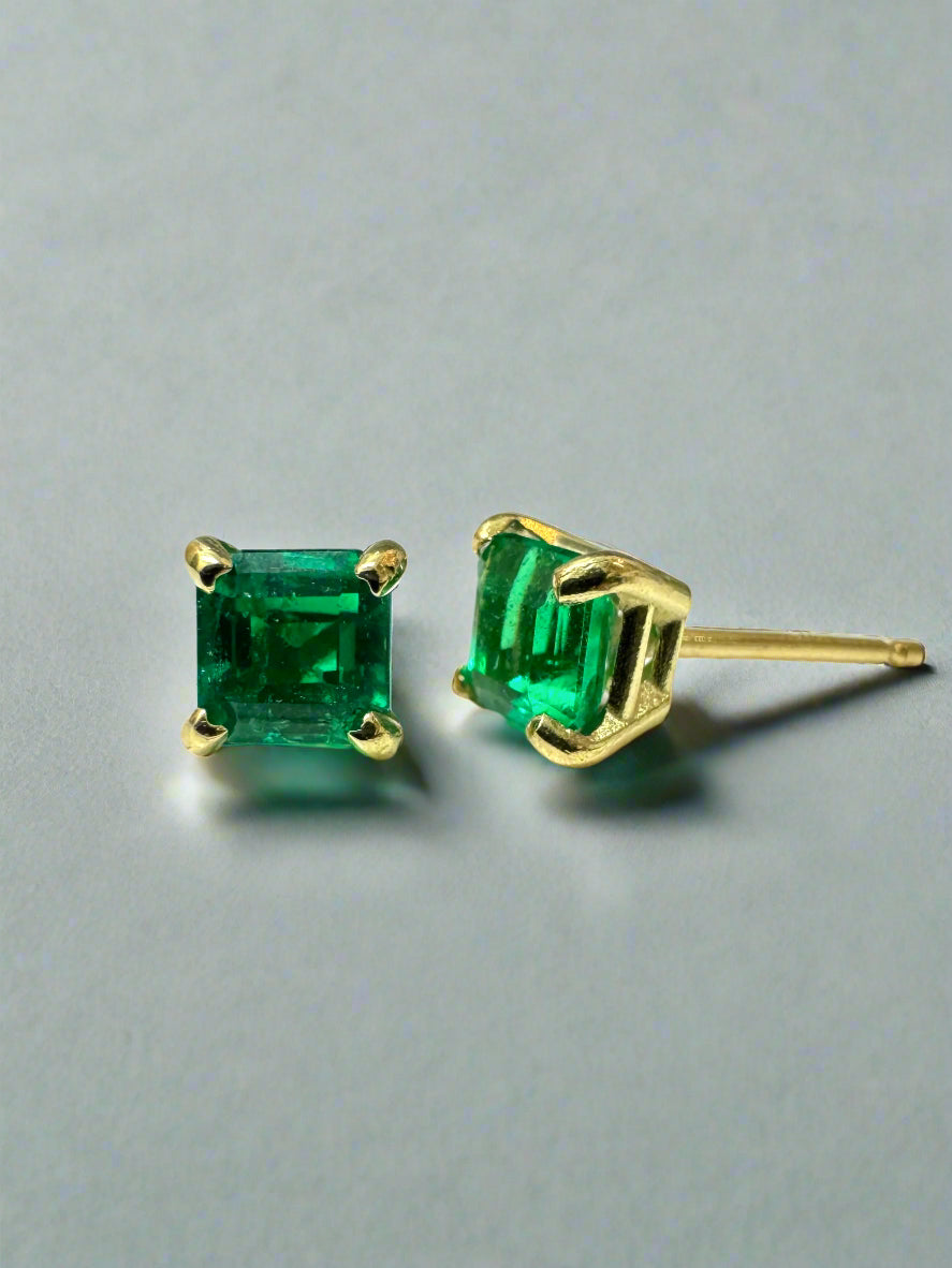 0.64tcw 4x4 AAA+ Muzo Green Asscher Cut Colombian Emerald Studs 18K