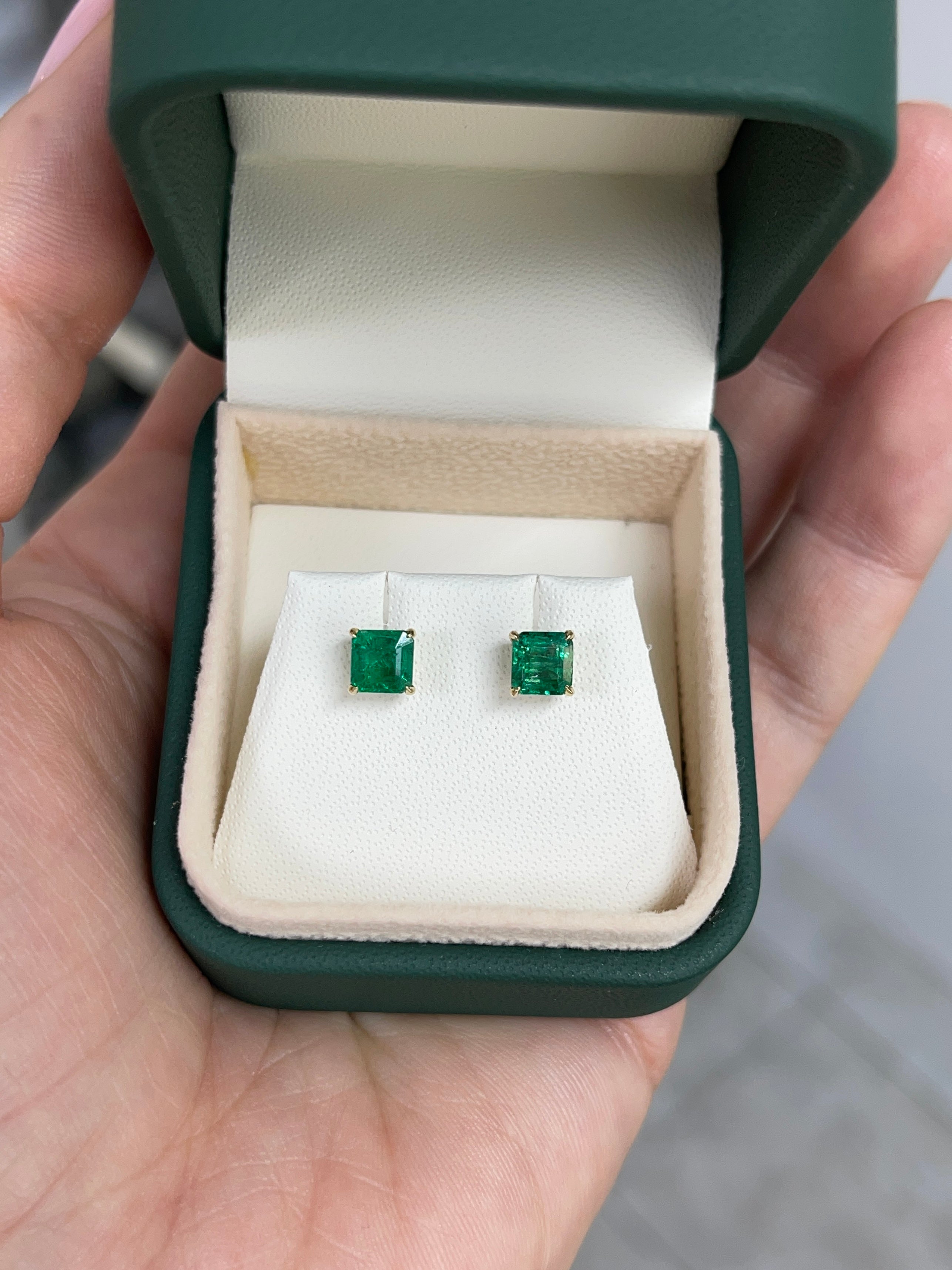 1.48tcw 14K 5x5 Deep Green Zambian Emerald Asscher Cut Solitaire Stud Earring - JR Colombian Emeralds