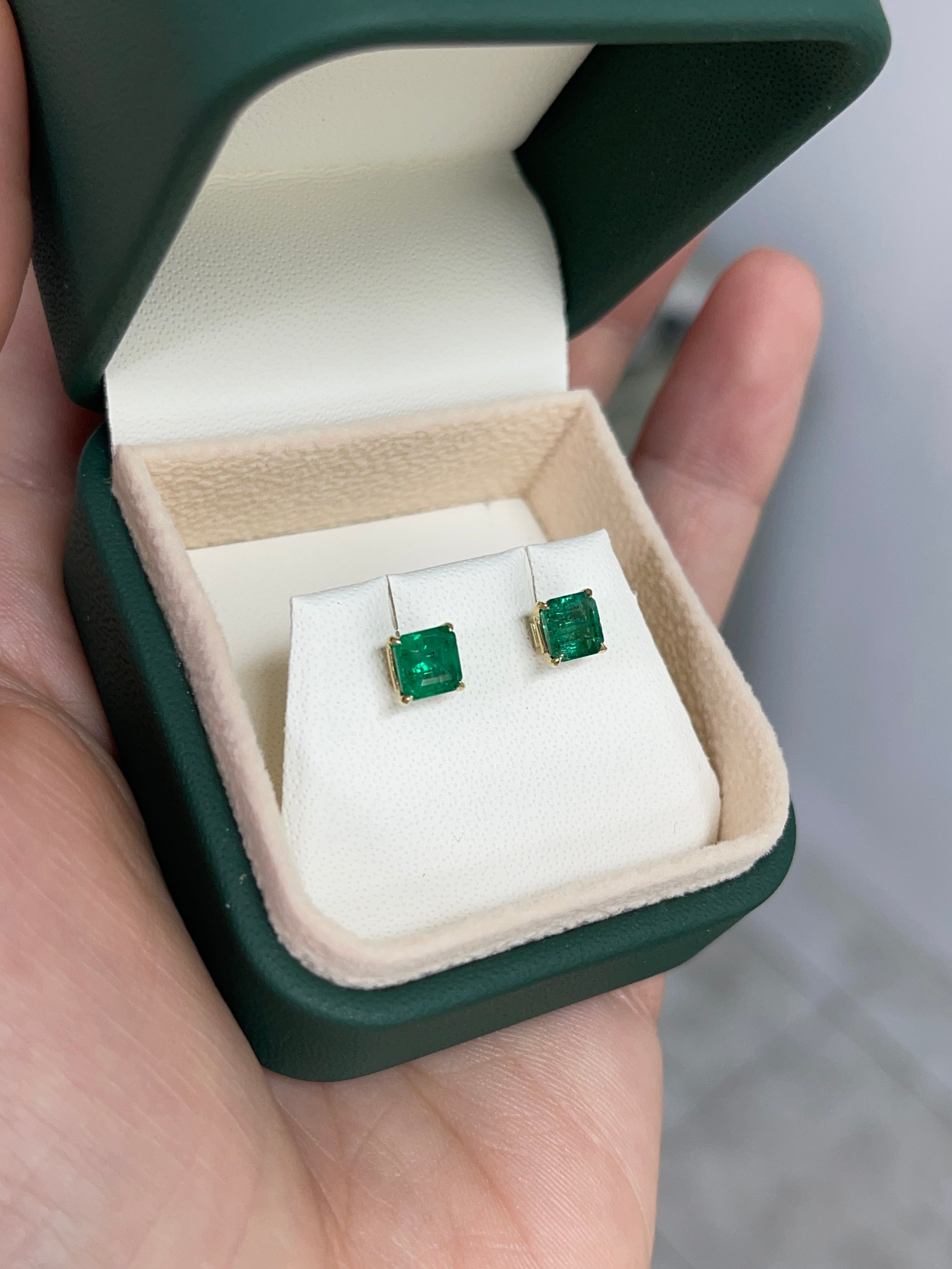 1.48tcw 14K 5x5 Deep Green Zambian Emerald Asscher Cut Solitaire Stud Earring - JR Colombian Emeralds