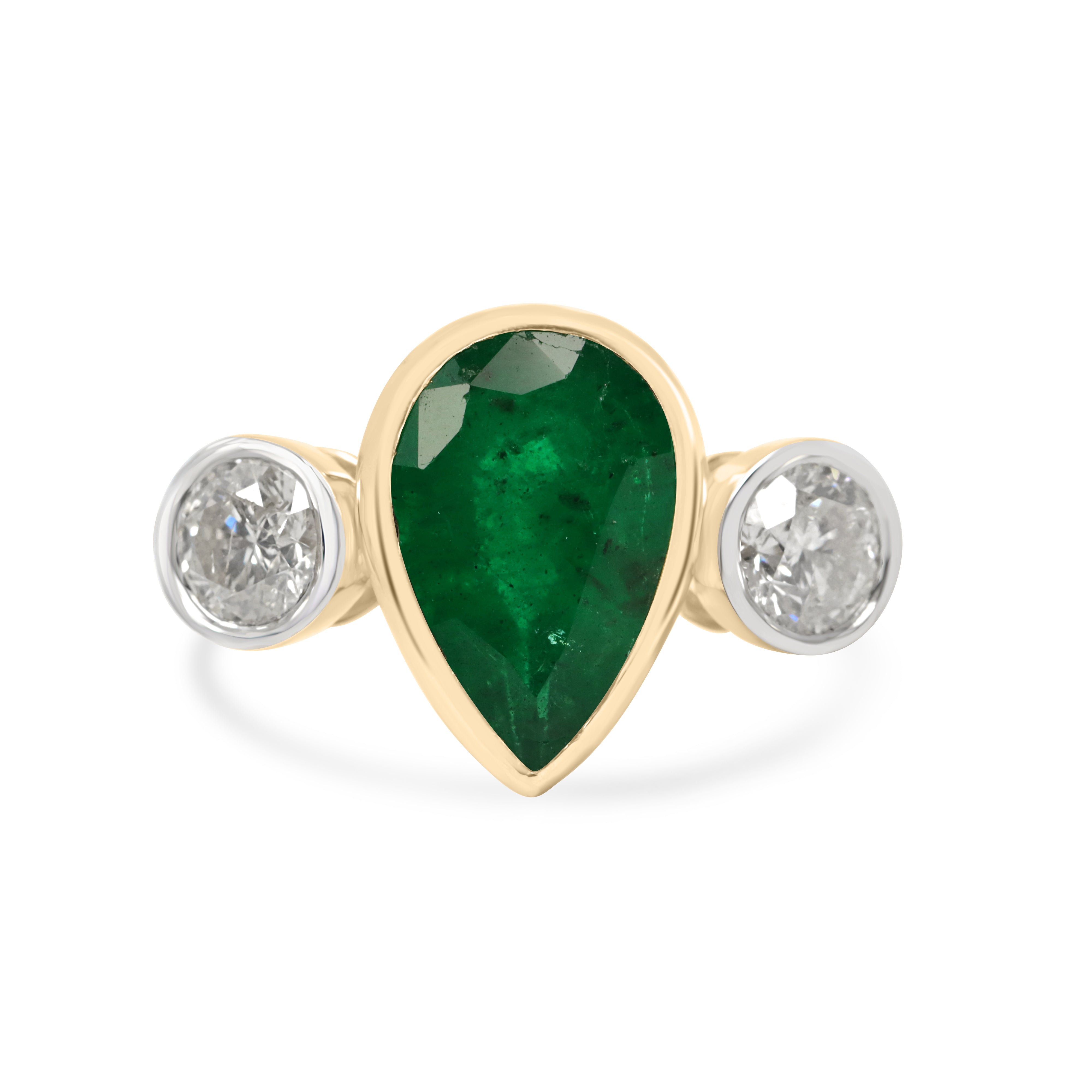 18K yellow gold three-stone ring featuring pear-shaped emeralds, round diamonds, and a total of 2.91 carats from JR Colombian Emeralds.