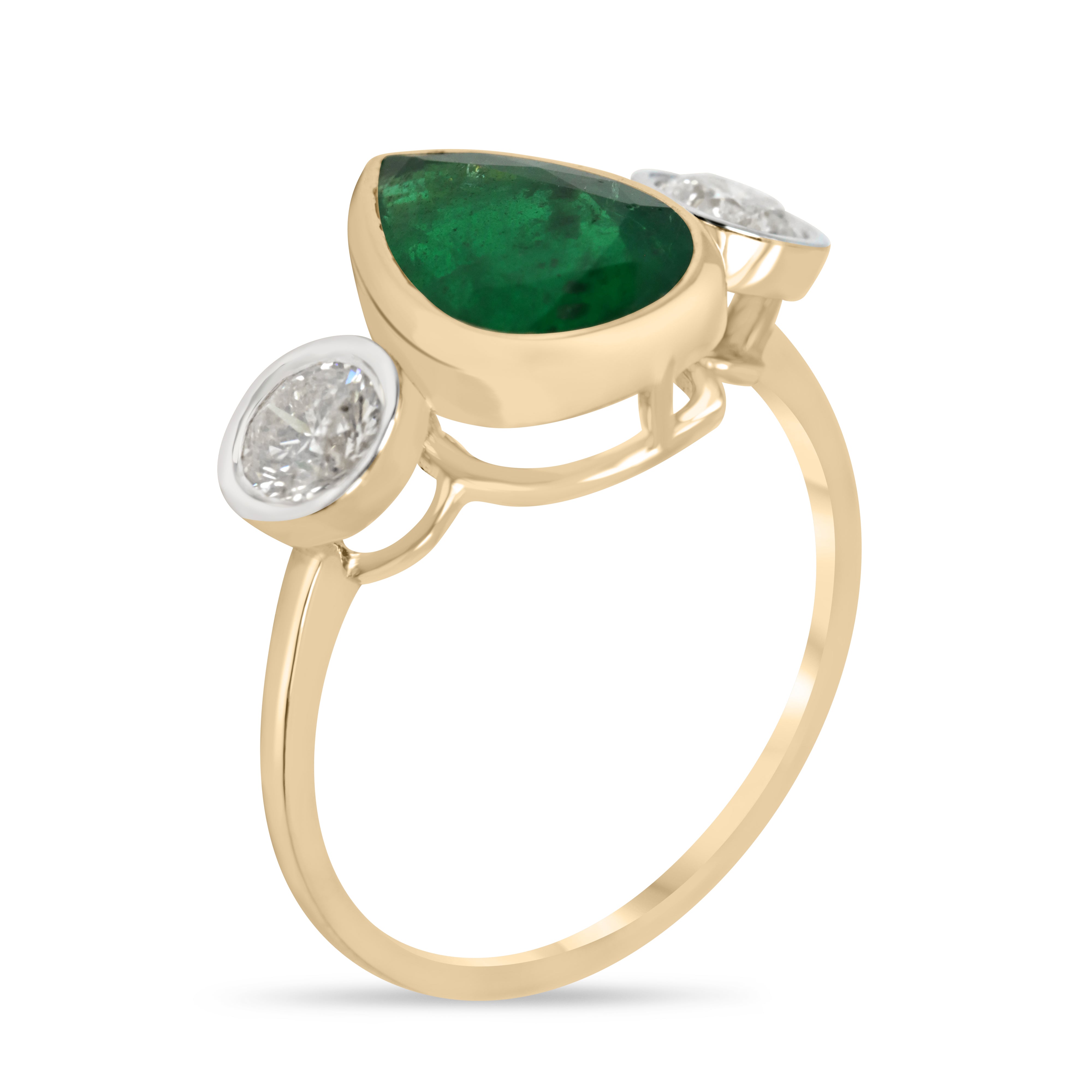 18K yellow gold three-stone pear emerald and diamond accent ring by JR Colombian Emeralds, showcasing detailed bezel setting.