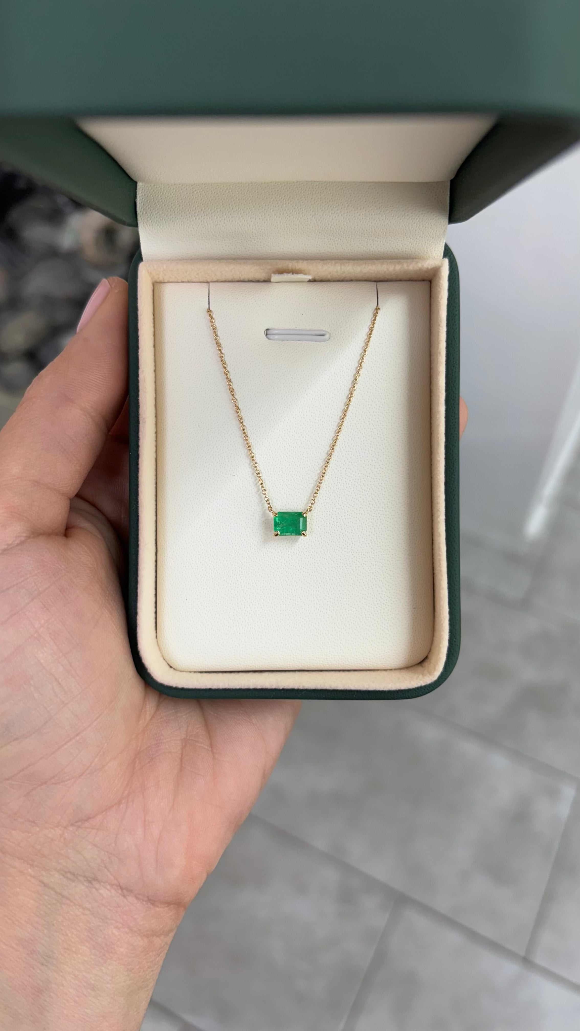 0.80 Carat Medium Dark Green Emerald Solitaire East to West Necklace 14K - JR Colombian Emeralds