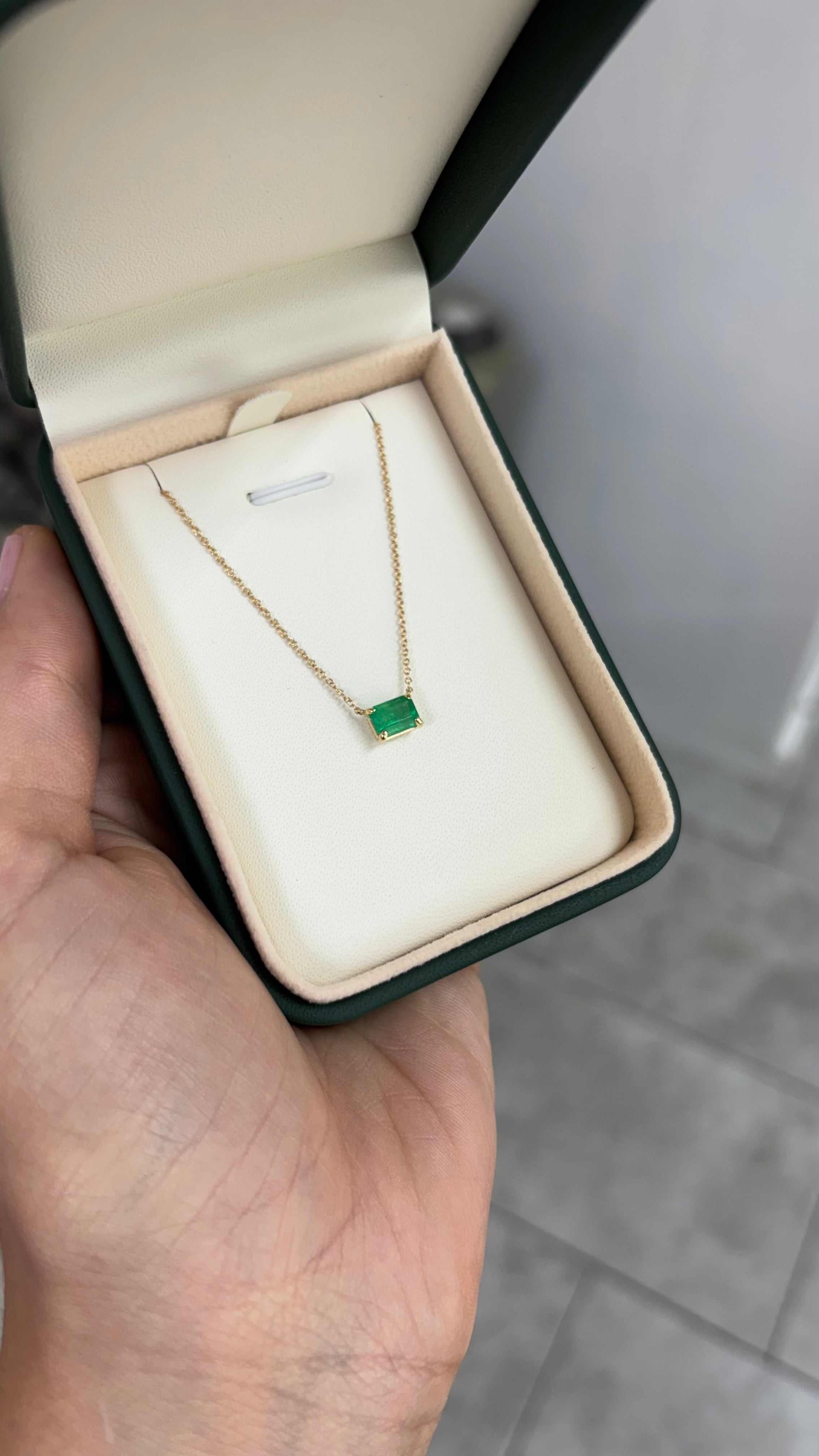 0.80 Carat Medium Dark Green Emerald Solitaire East to West Necklace 14K - JR Colombian Emeralds