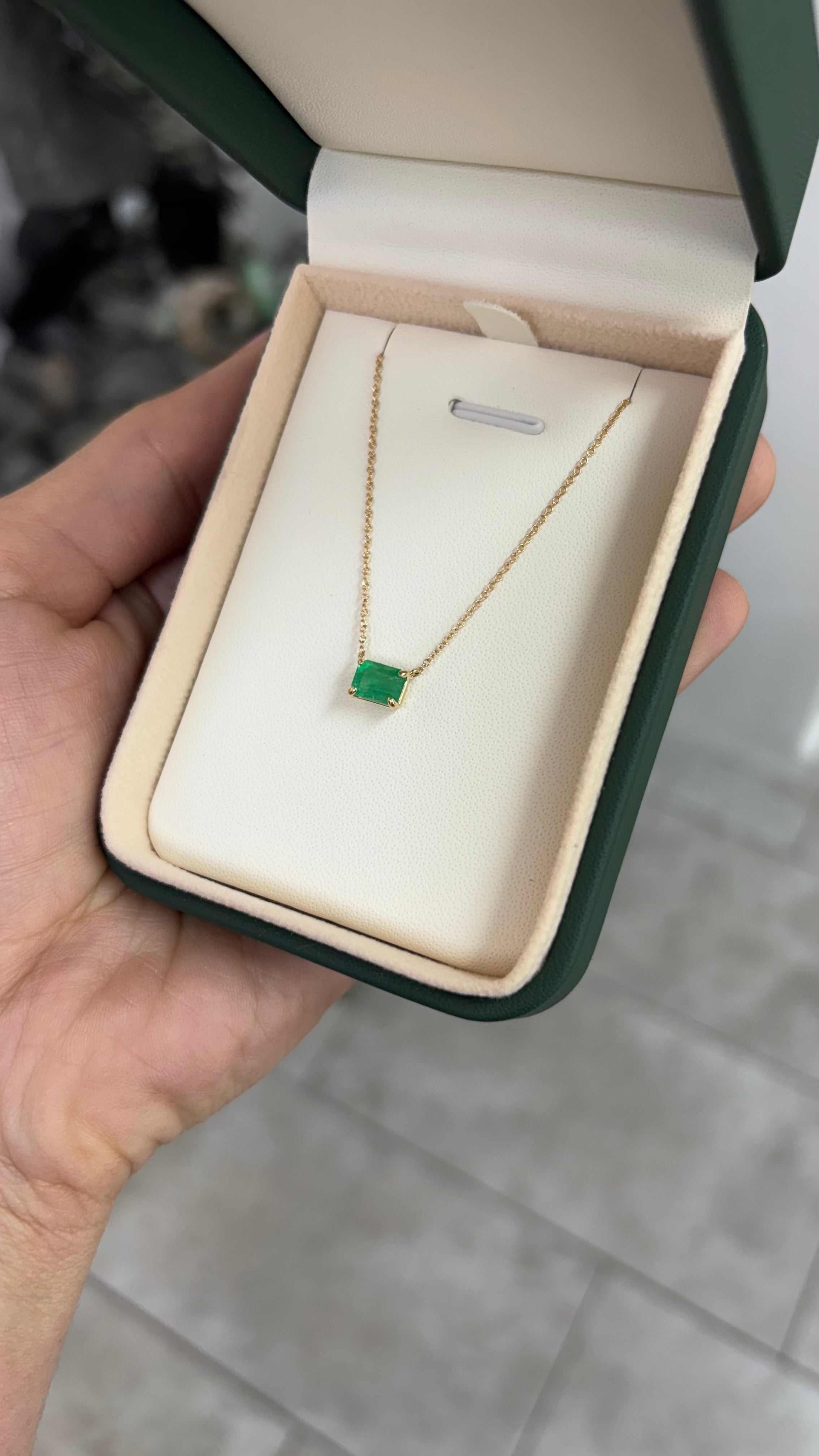 0.80 Carat Medium Dark Green Emerald Solitaire East to West Necklace 14K - JR Colombian Emeralds
