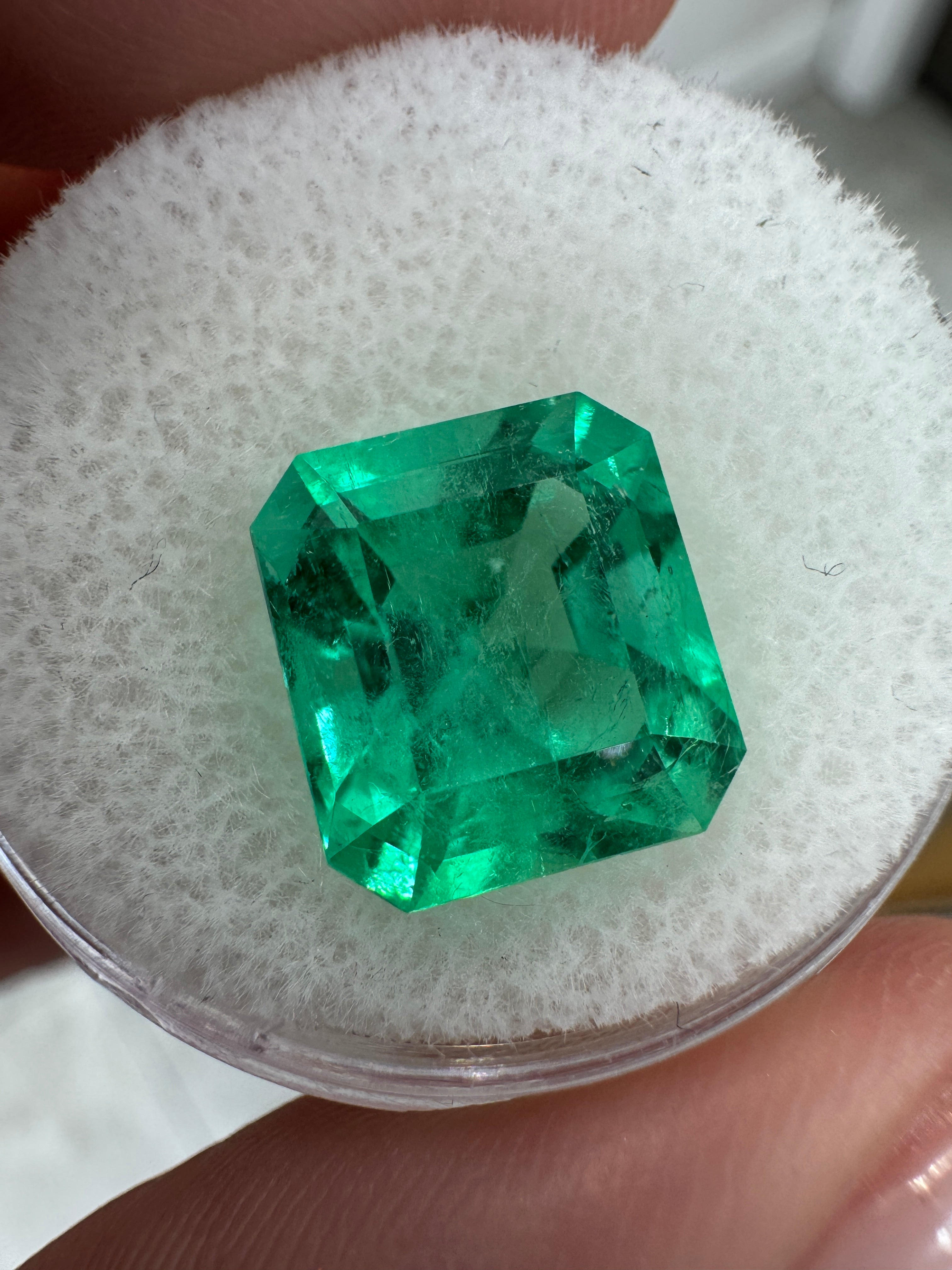 11x10 mm natural Colombian emerald loose gemstone, 4.75 carats, Asscher cut with vibrant bluish green color by JR Colombian Emeralds