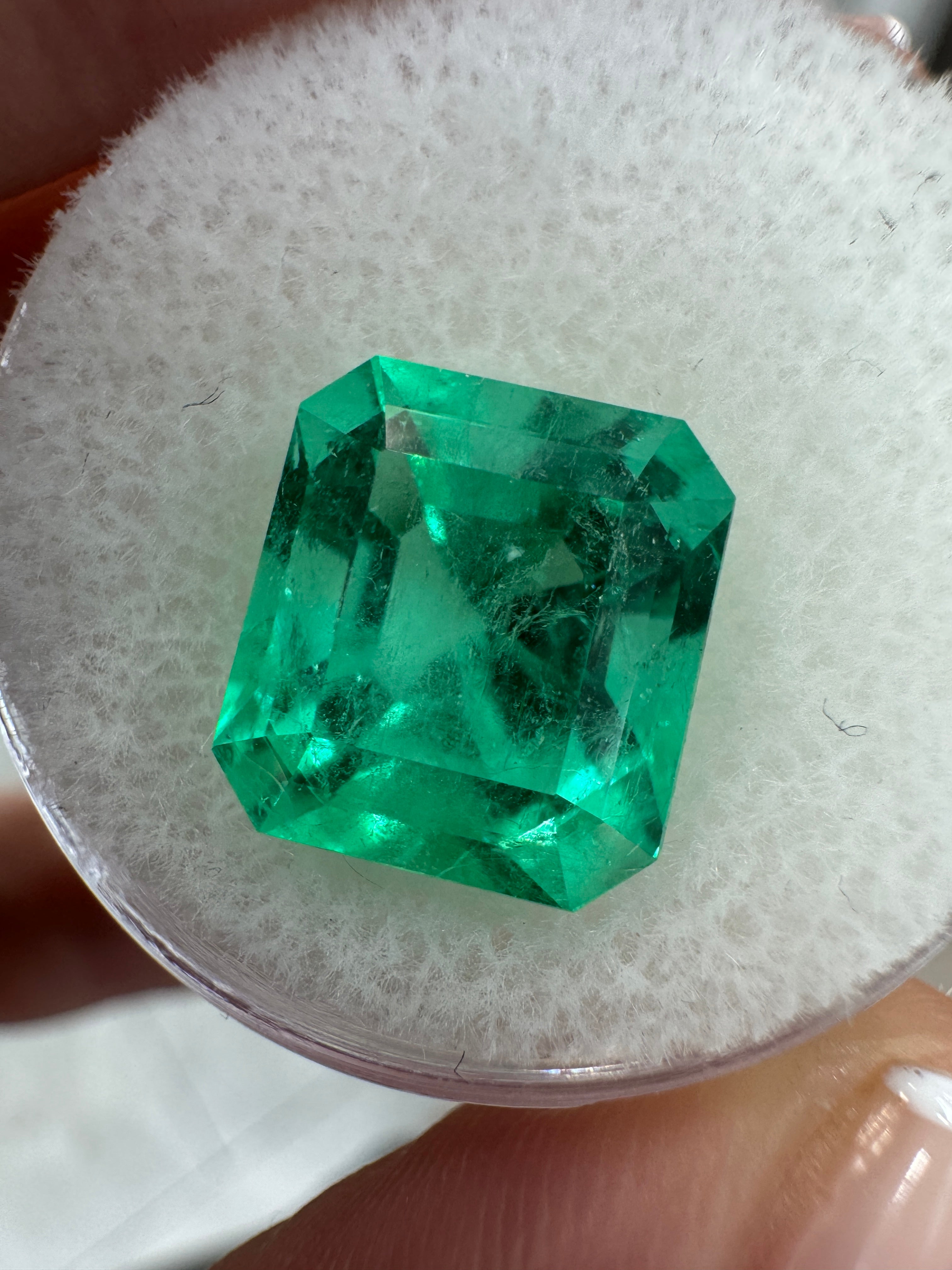 11x10 mm vivacious bluish green Colombian emerald loose gemstone, 4.75 carats, Asscher cut by JR Colombian Emeralds