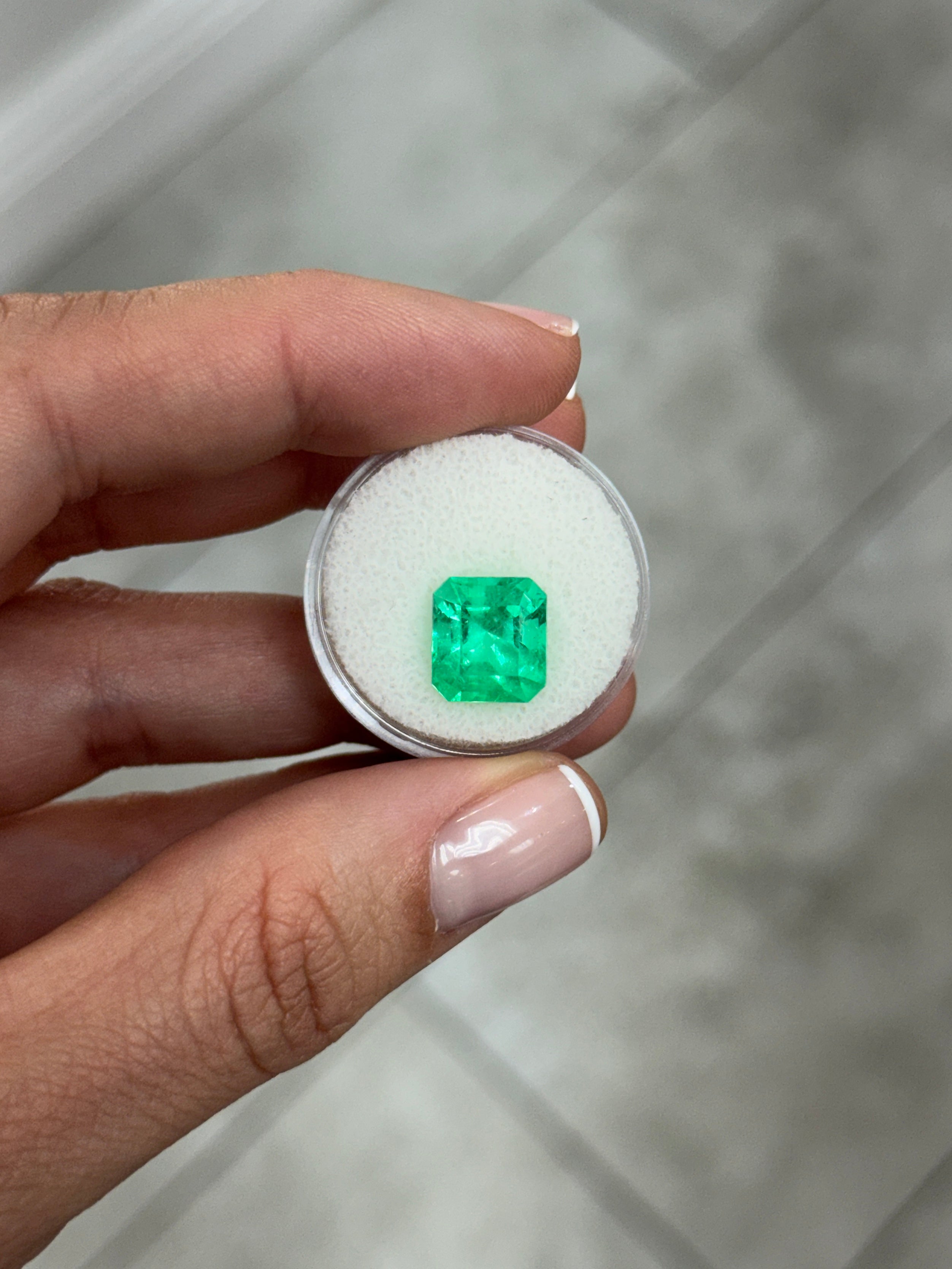 11x10 mm vivacious bluish green Colombian emerald loose gemstone, Asscher cut, 4.75 carats from JR Colombian Emeralds