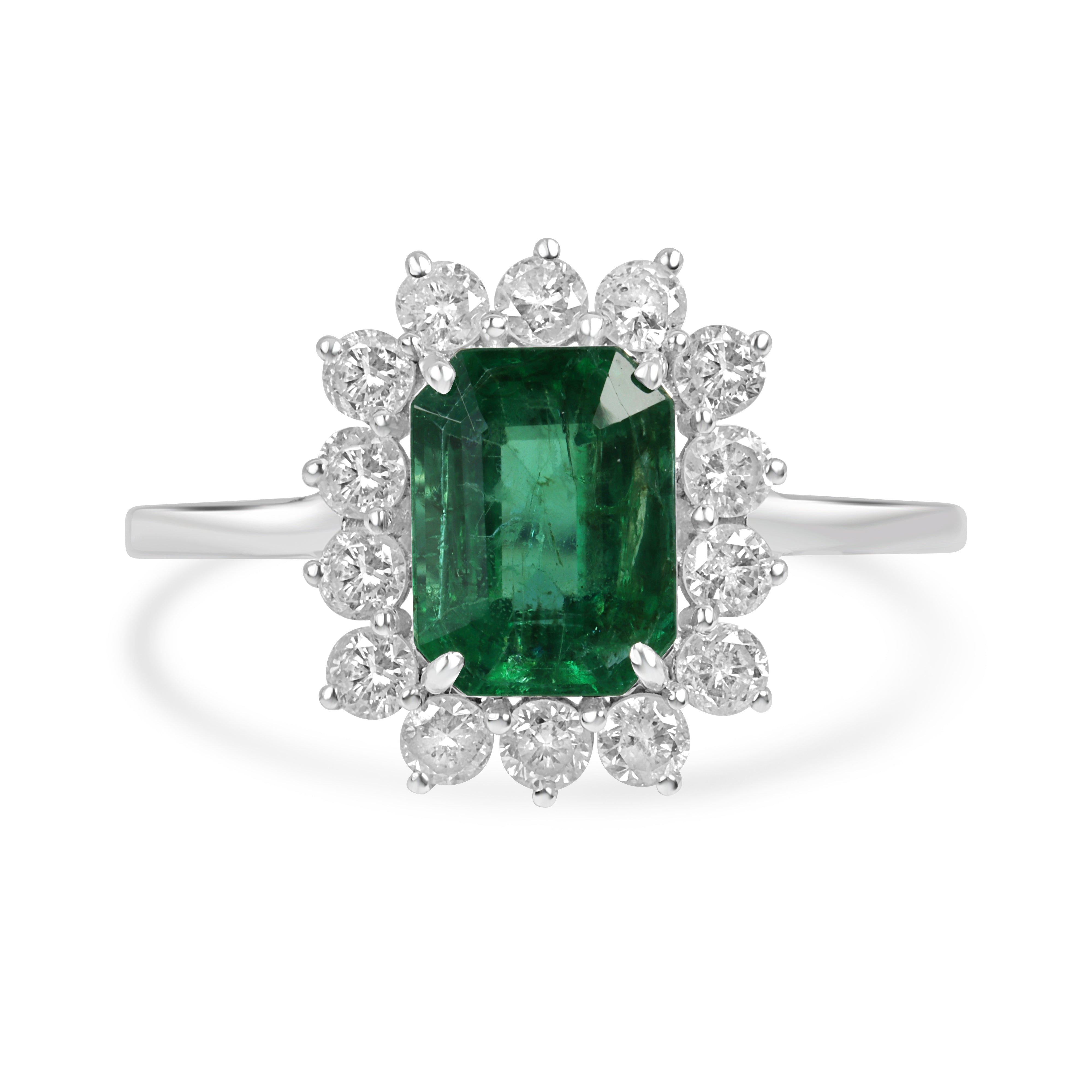 JR Colombian Emeralds 14K white gold halo ring with 1.89tcw princess Diana emerald cut Zambian emerald and round diamonds.