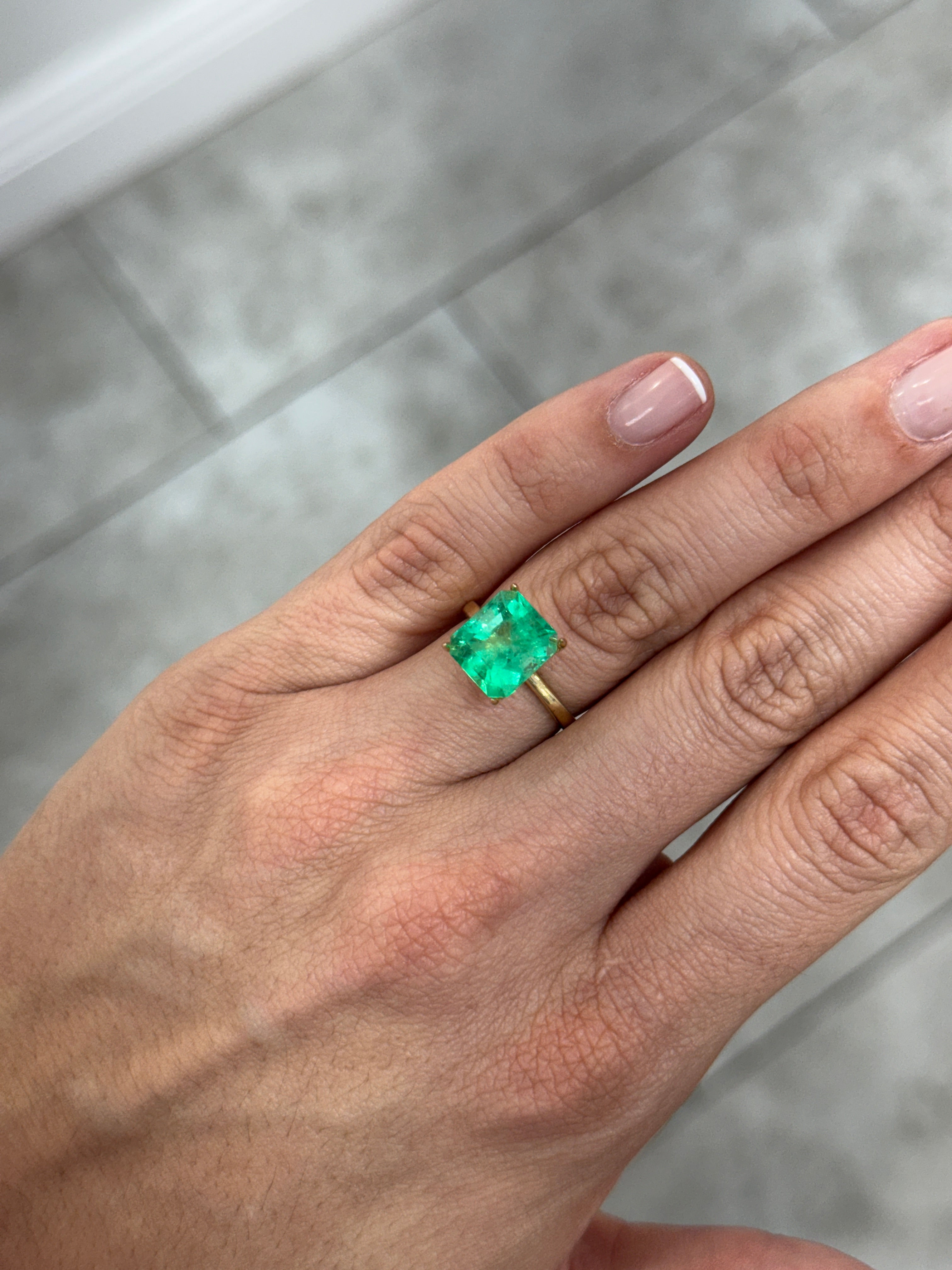 11x10 mm natural Colombian emerald loose gemstone, vibrant bluish green, Asscher cut, 4.75 carats from JR Colombian Emeralds