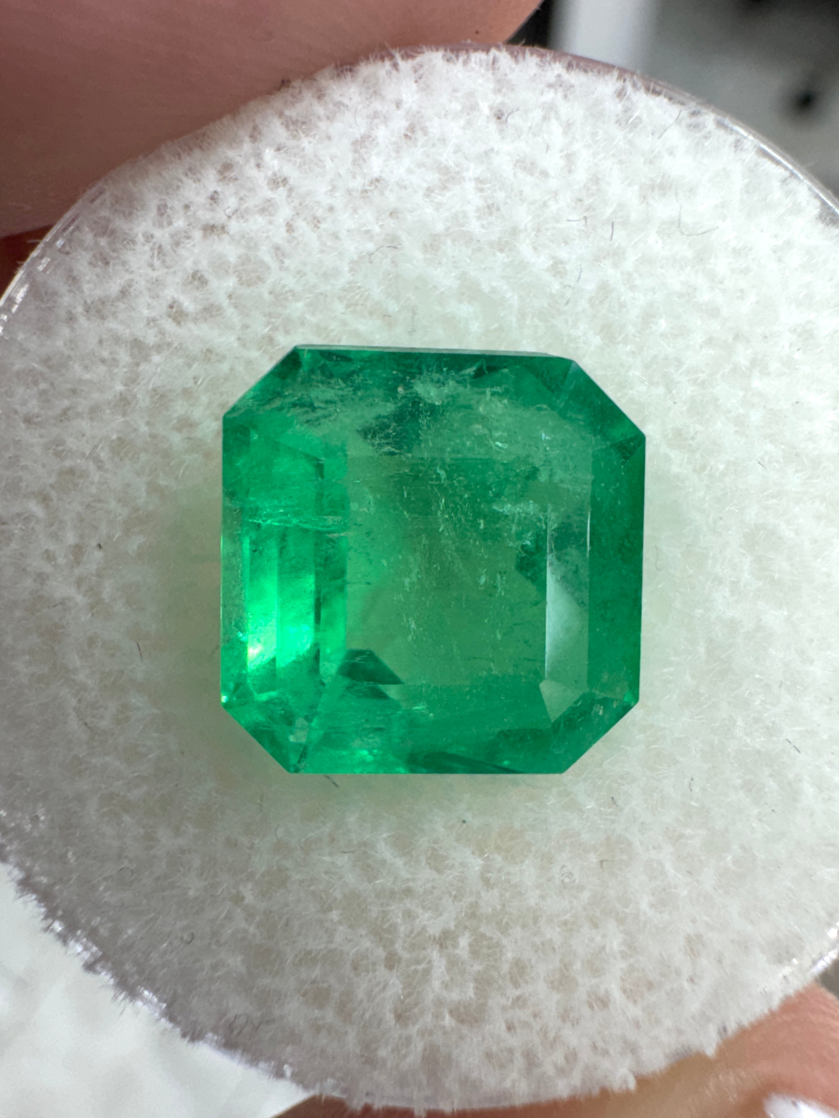 Yellowish green Colombian emerald Asscher cut with clipped corners, 4.88 carats, from JR Colombian Emeralds.