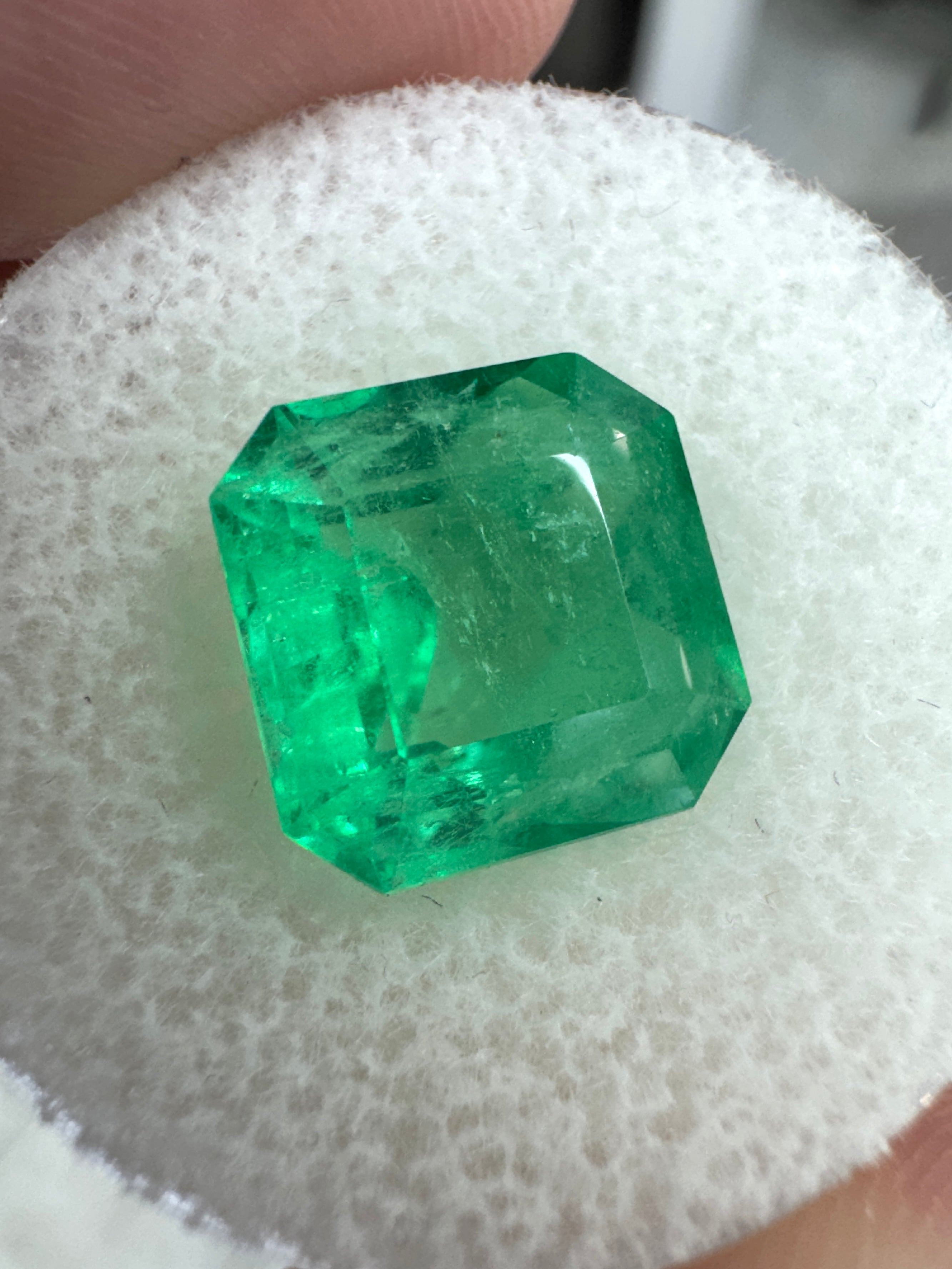 Yellowish green Colombian emerald Asscher cut with clipped corners, 4.88 carats, from JR Colombian Emeralds.
