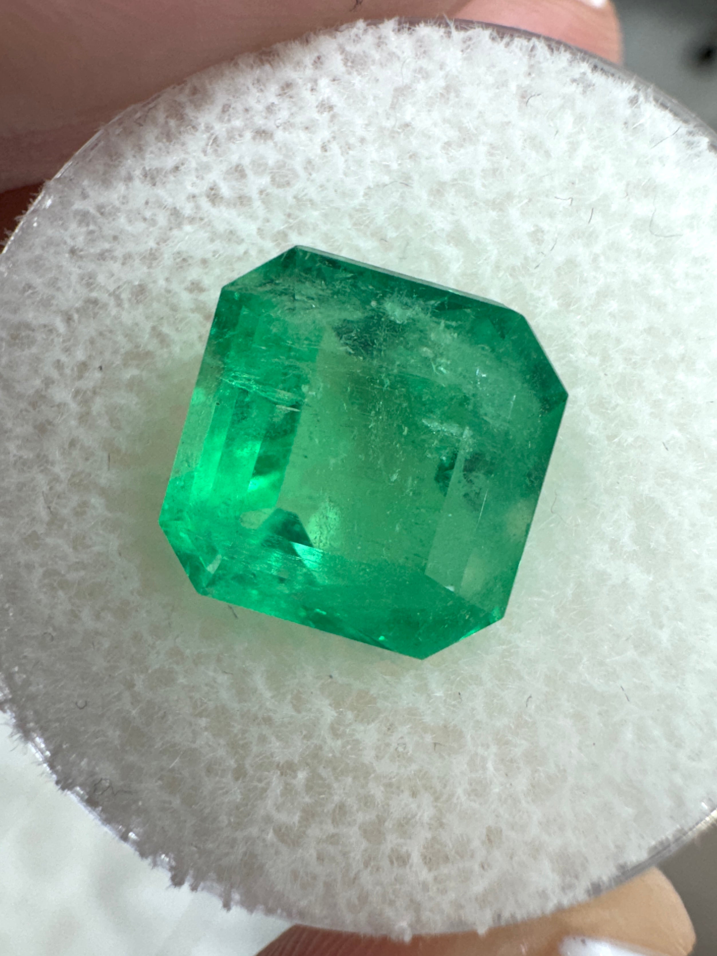 Yellowish green Colombian emerald Asscher cut with clipped corners, 4.88 carats, from JR Colombian Emeralds.