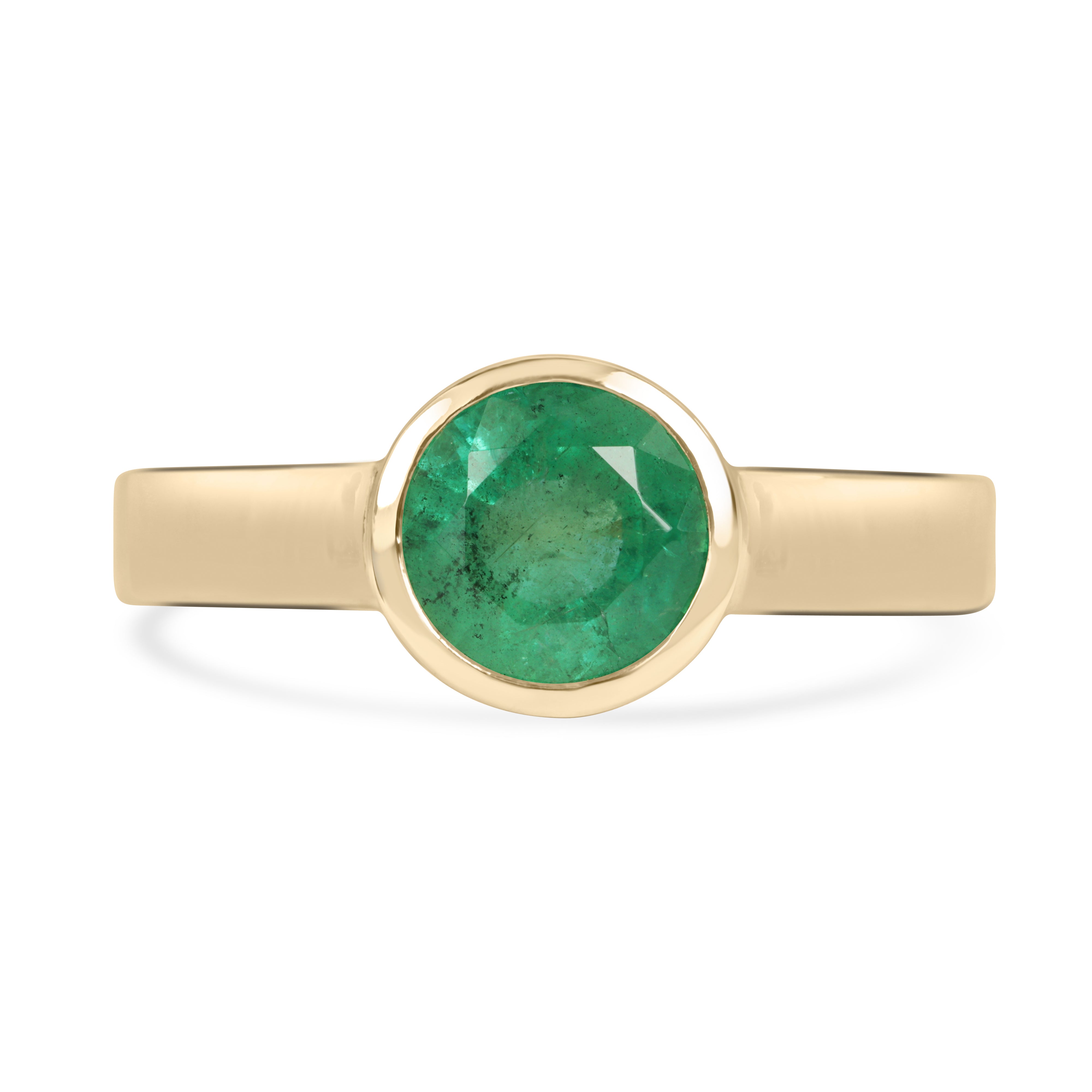 14K gold bezel set round emerald solitaire ring featuring a 1.73 carat Colombian emerald from JR Emeralds.