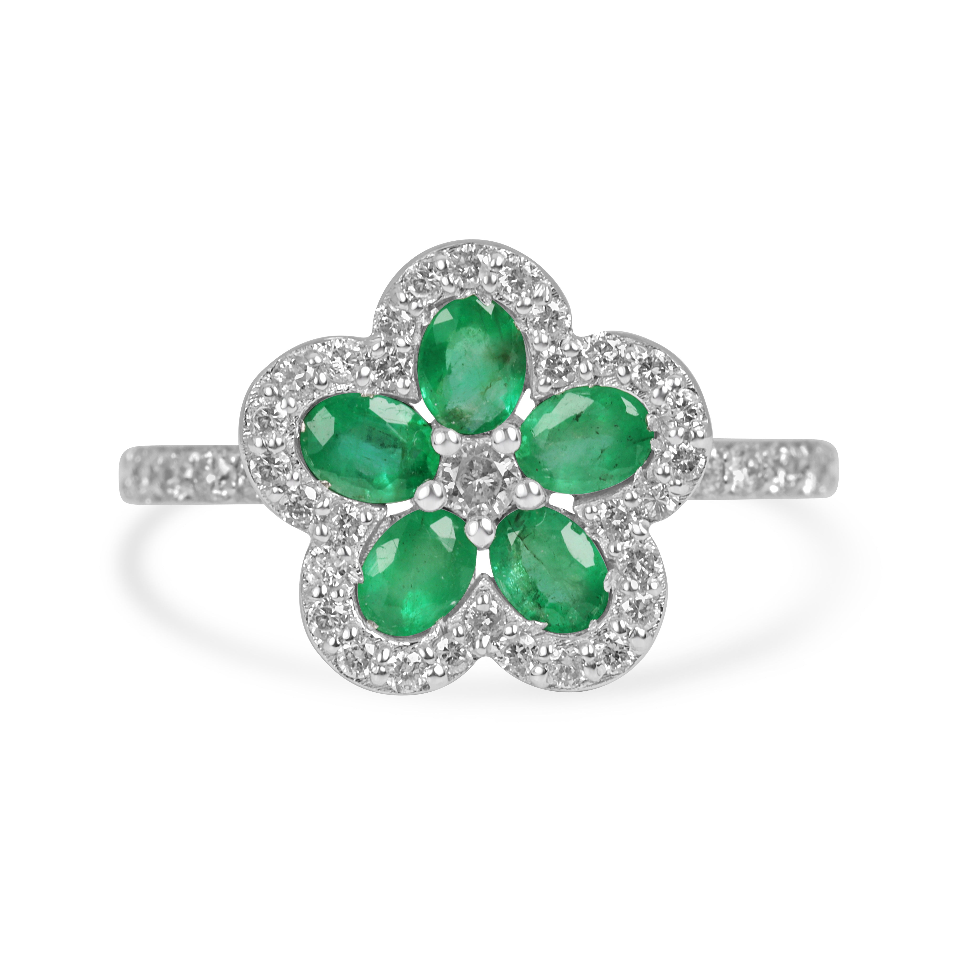 1.16tcw Oval Emerald & Diamond Halo Floral Motif Ring 18K