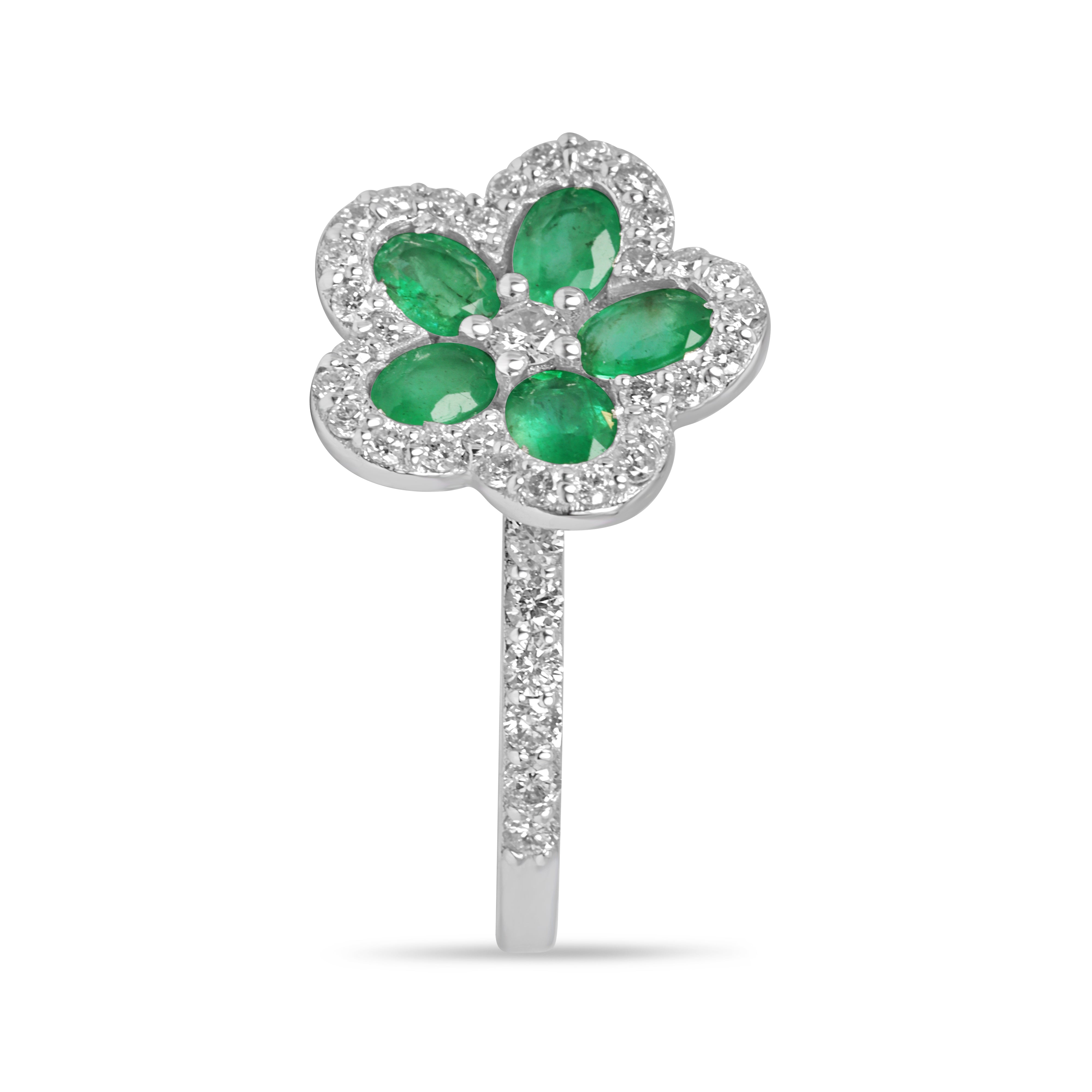 1.16tcw Oval Emerald & Diamond Halo Floral Motif Ring 18K