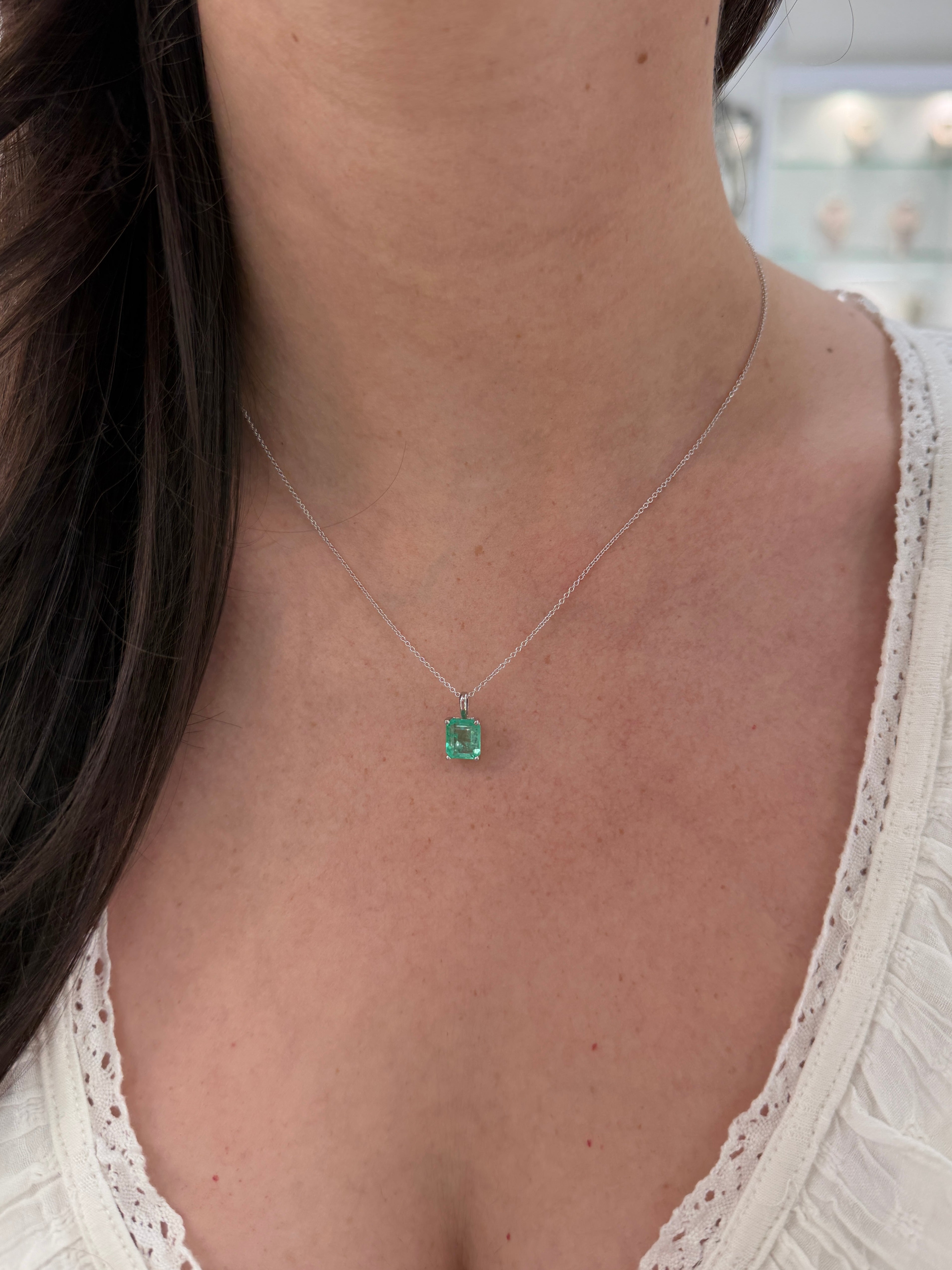 14K white gold Colombian emerald fleur de lis solitaire necklace with 2.20 carat emerald by JR Colombian Emeralds.