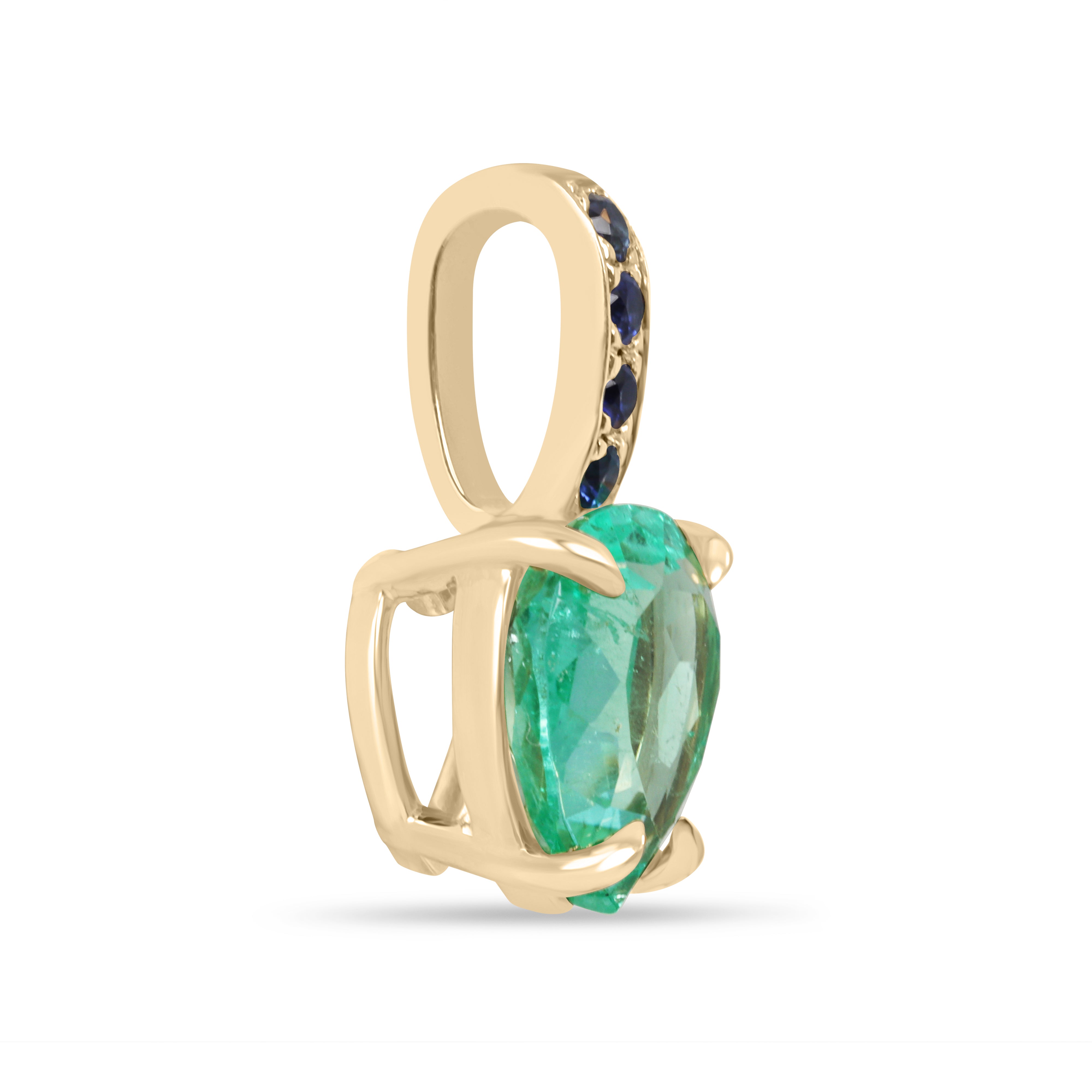 Colombian pear-shaped emerald pendant with blue sapphire bail in 14K gold, featuring a heart-shaped design by JR Colombian Emeralds.