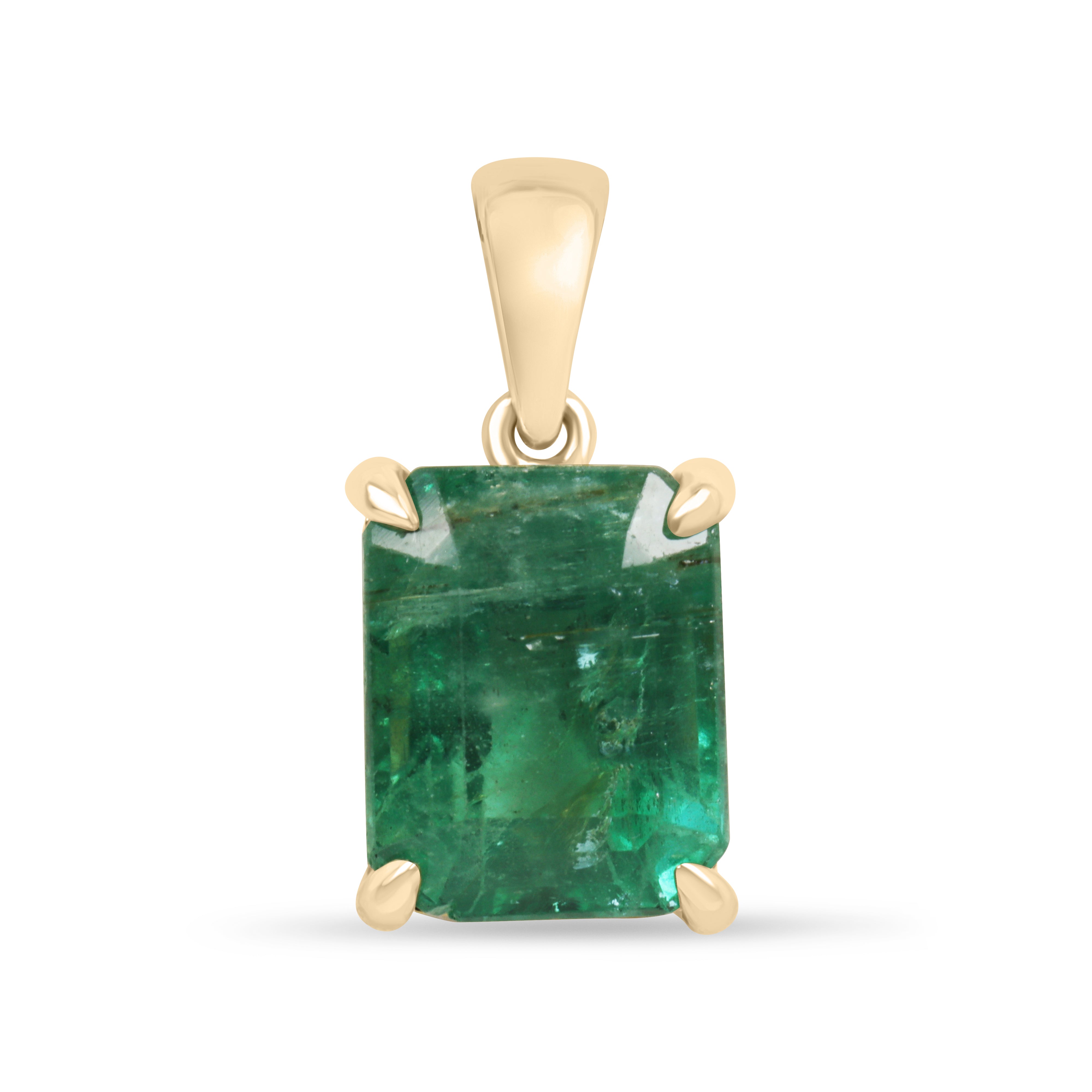 14K emerald solitaire necklace with a 4.25ct natural earthy Colombian emerald, featuring a delicate chain and elegant setting.