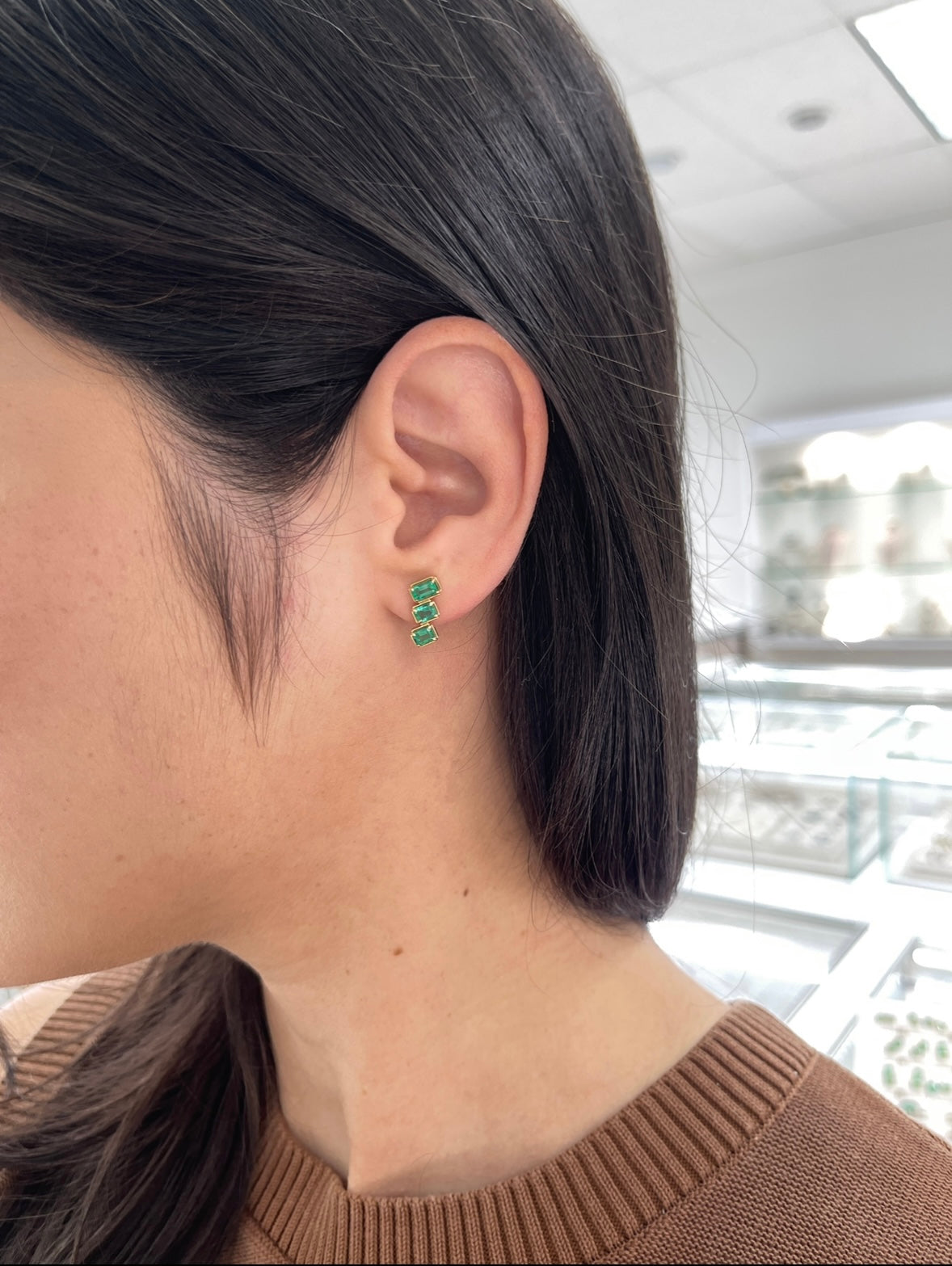 1.54tcw Emerald Cut Emerald Staircase Stud Earrings 14K - JR Colombian Emeralds