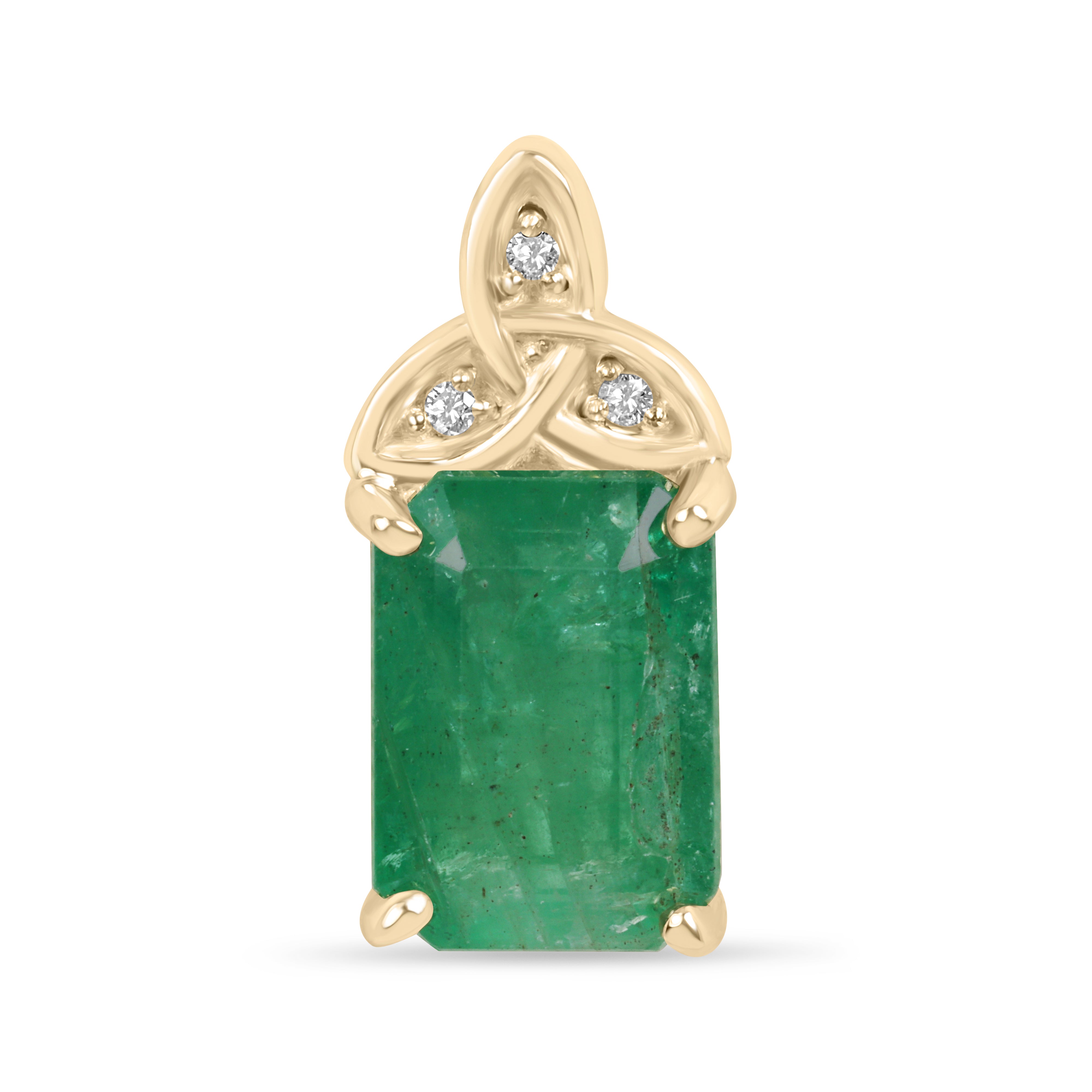 14K yellow gold Trinity knot emerald solitaire necklace with 2.12tcw from JR Colombian Emeralds, featuring a central emerald gemstone.