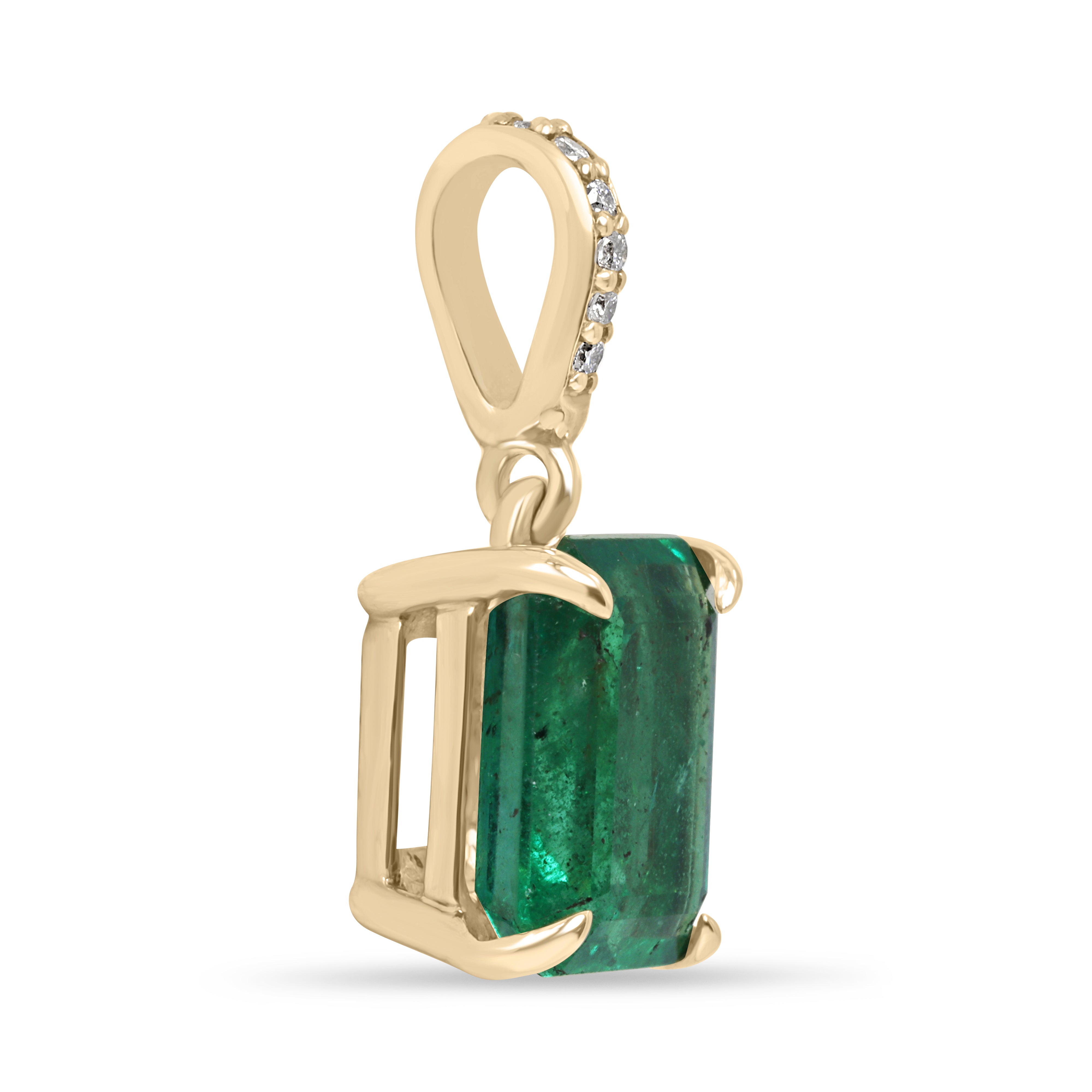 Emerald cut emerald pendant with diamond bail in 14K gold, featuring a 1.79 carat Colombian emerald and sparkling diamonds.