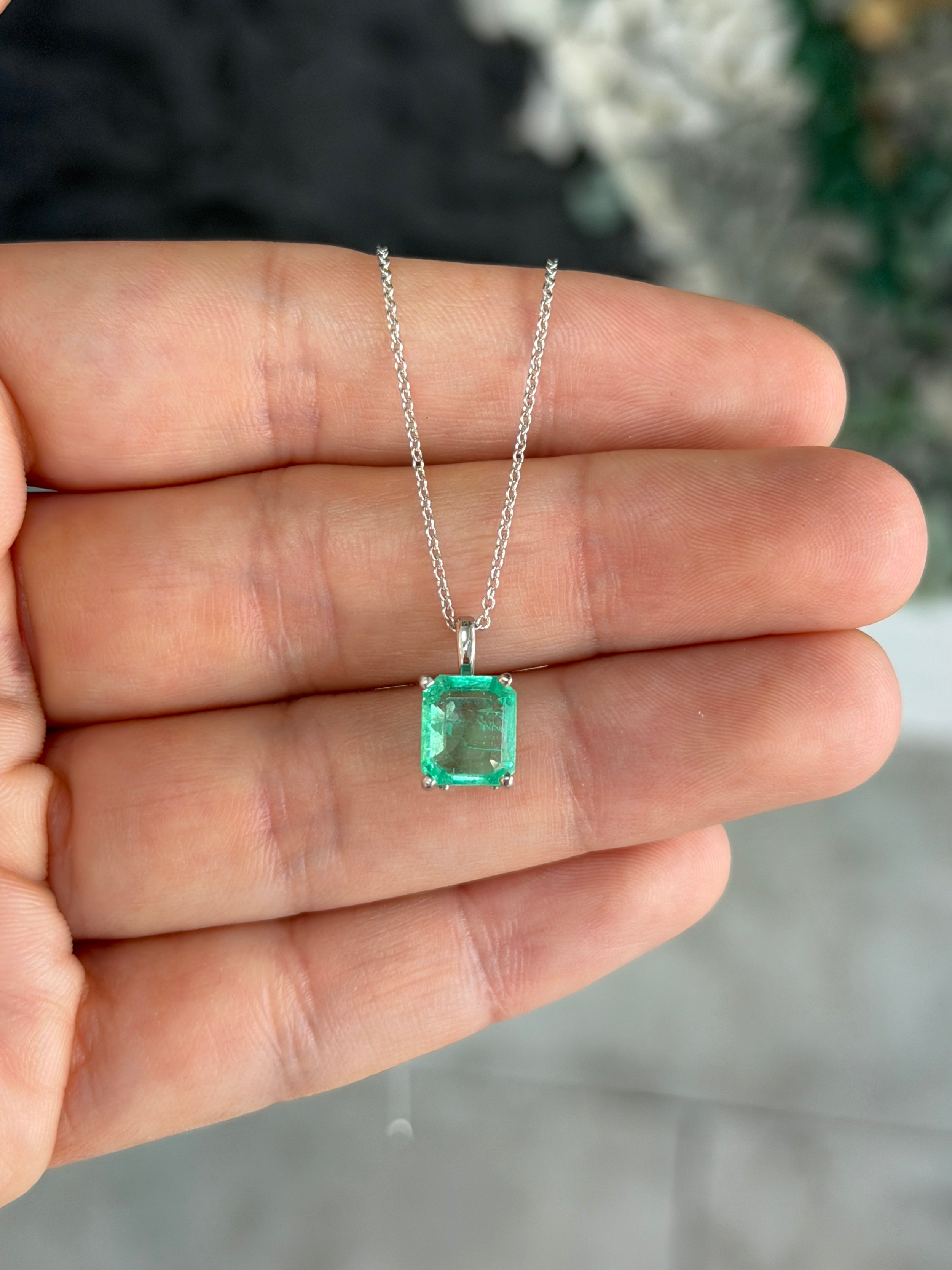 14K white gold Colombian emerald fleur de lis solitaire necklace with a 2.20 carat emerald from JR Colombian Emeralds