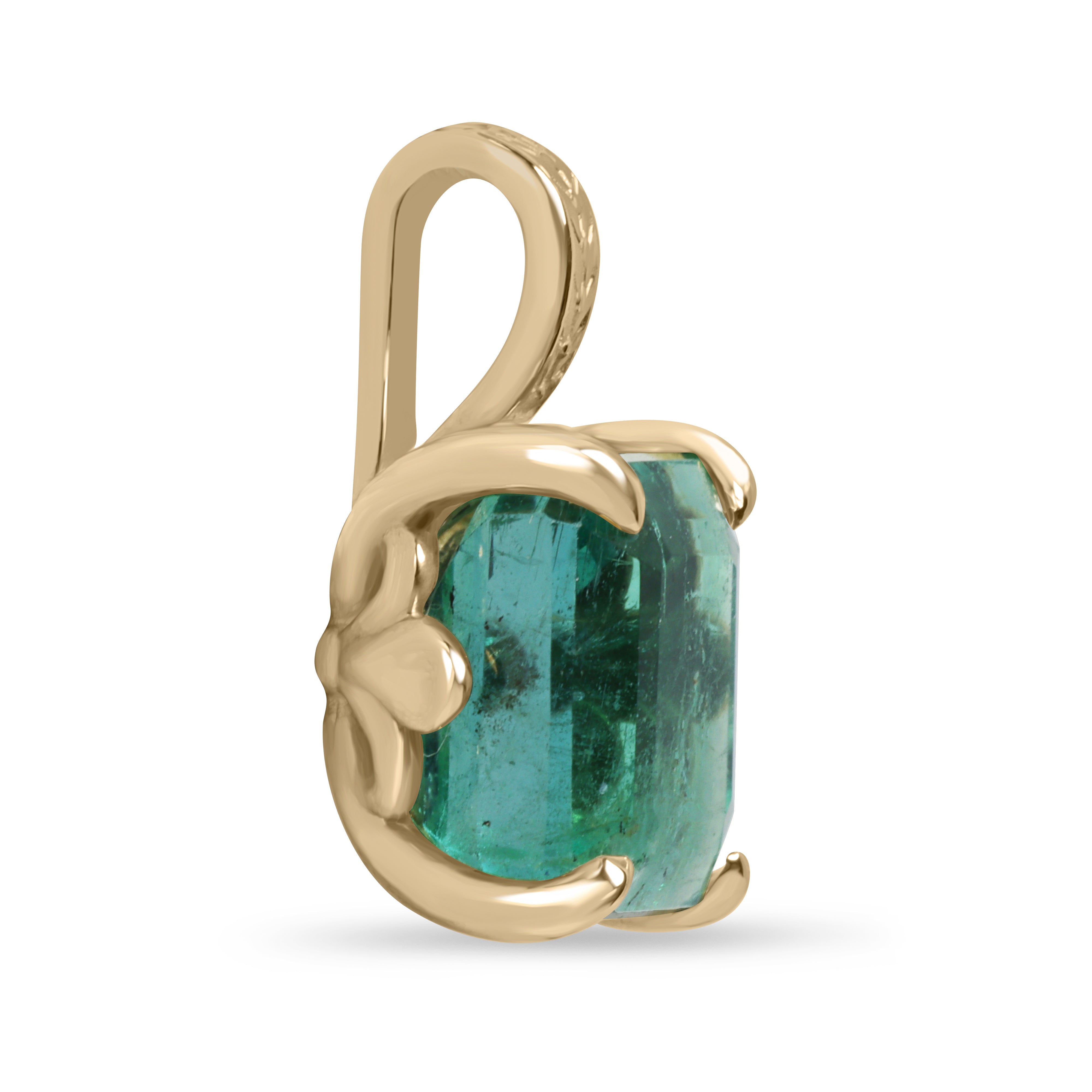 Collana con smeraldo solitario in oro 14 carati, con un smeraldo da 3,50 carati dal design "Fleur De Lis" di JR Colombian Emeralds.