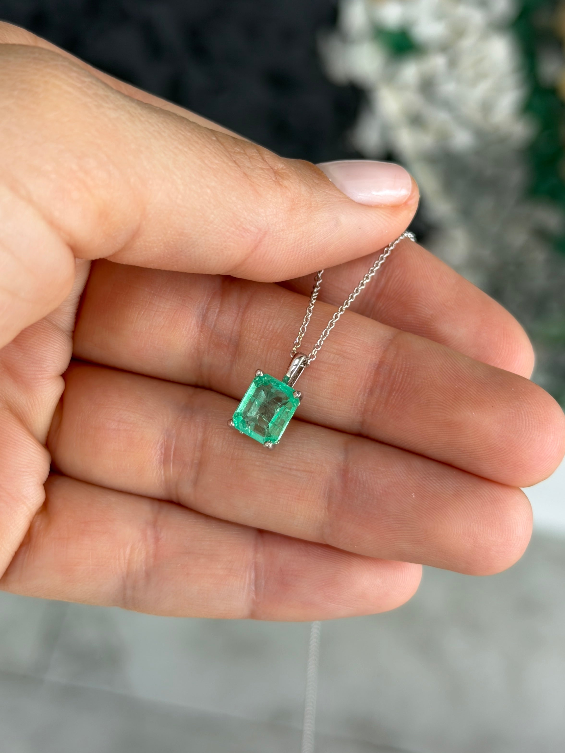14K white gold Colombian emerald fleur de lis solitaire necklace featuring a 2.20 carat emerald by JR Colombian Emeralds.