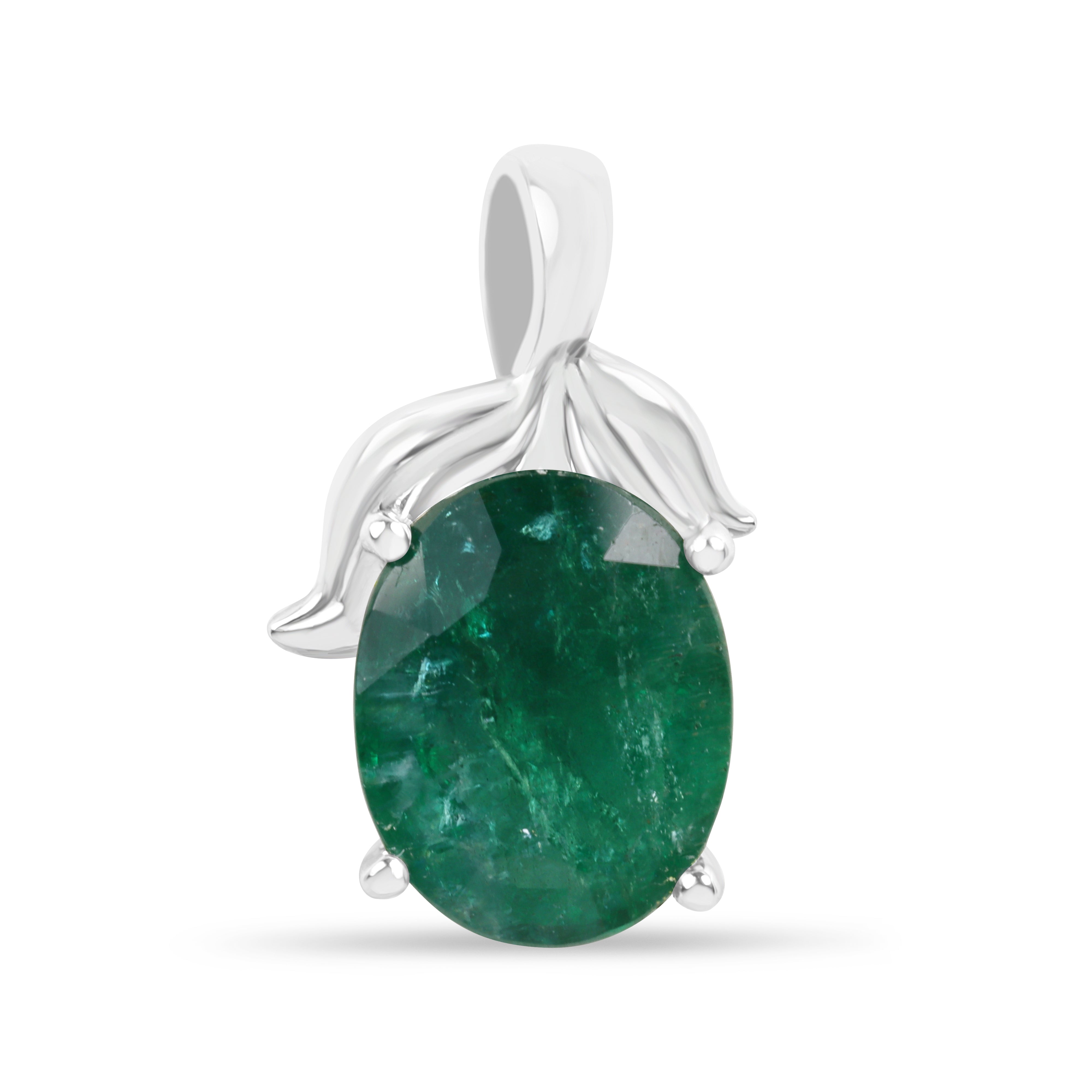 Collana con smeraldo, con pendente a forma di foglia con smeraldo taglio ovale da 3,23 carati, montatura in platino, stile ispirato alla natura, firmata JR Colombian Emeralds.