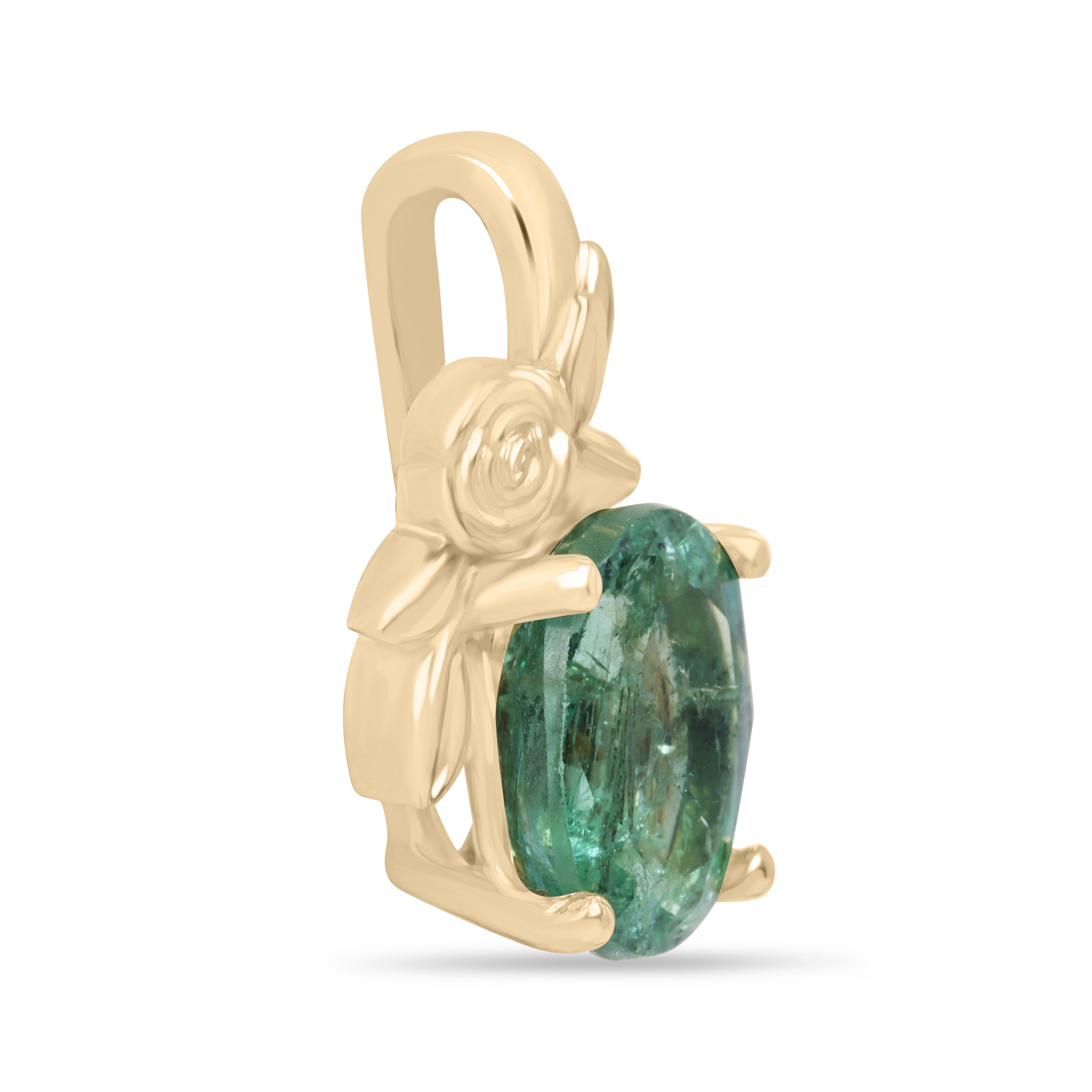 14K gold pendant necklace featuring a 1.80ct natural medium green oval cut emerald set in a floral solitaire design.