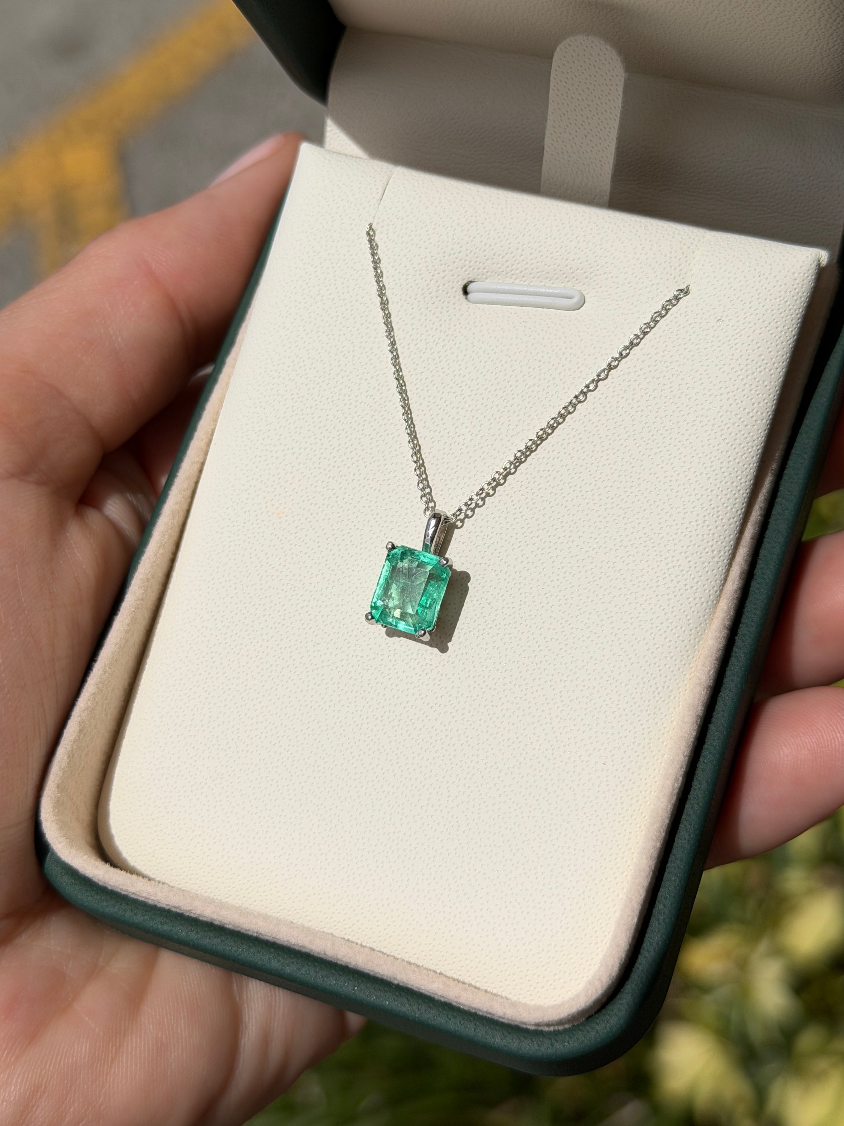 14K white gold Colombian emerald fleur de lis solitaire necklace with 2.20 carat emerald by JR Colombian Emeralds.