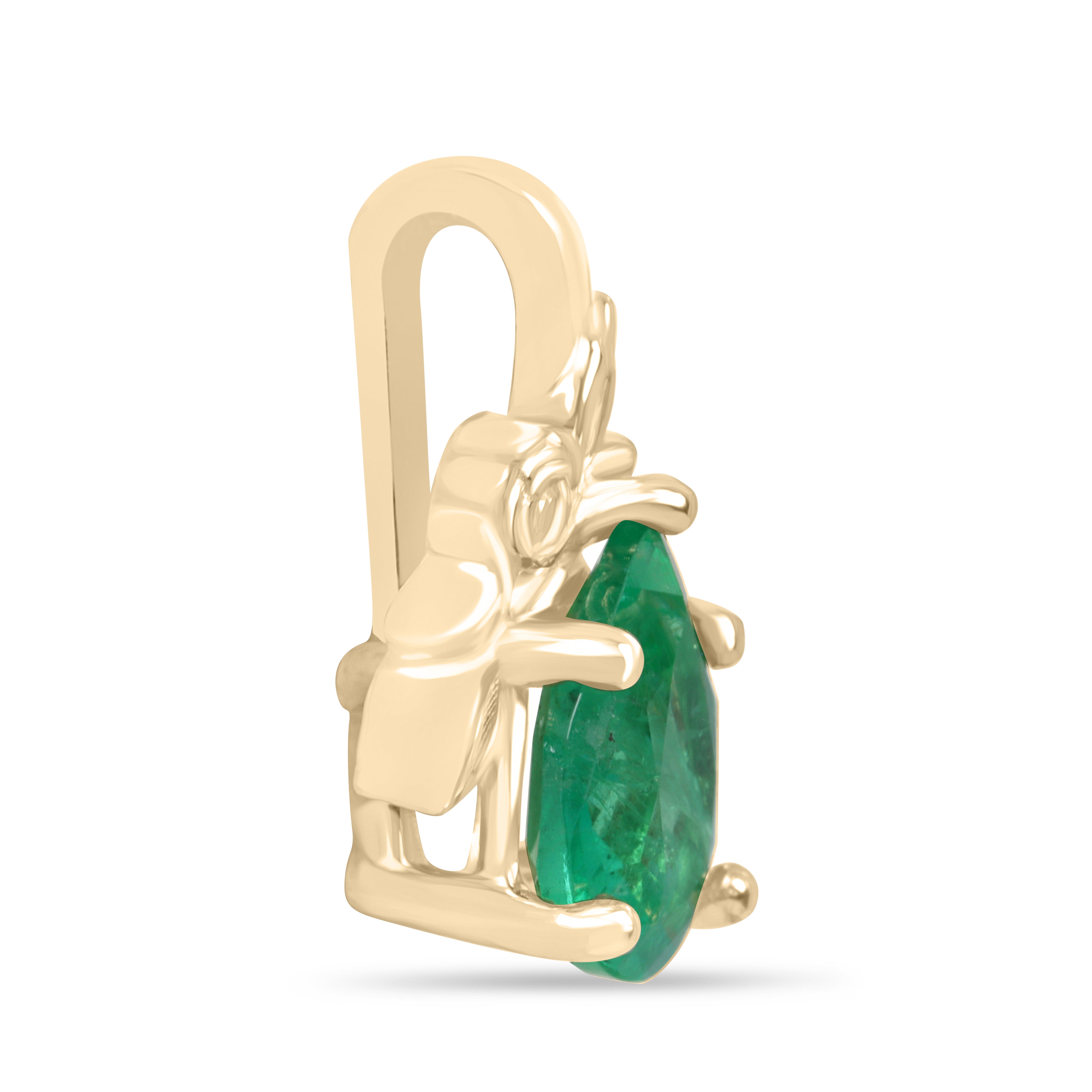 14K gold pendant necklace featuring a 1.0ct green pear-cut emerald in a floral solitaire setting by JR Colombian Emeralds.