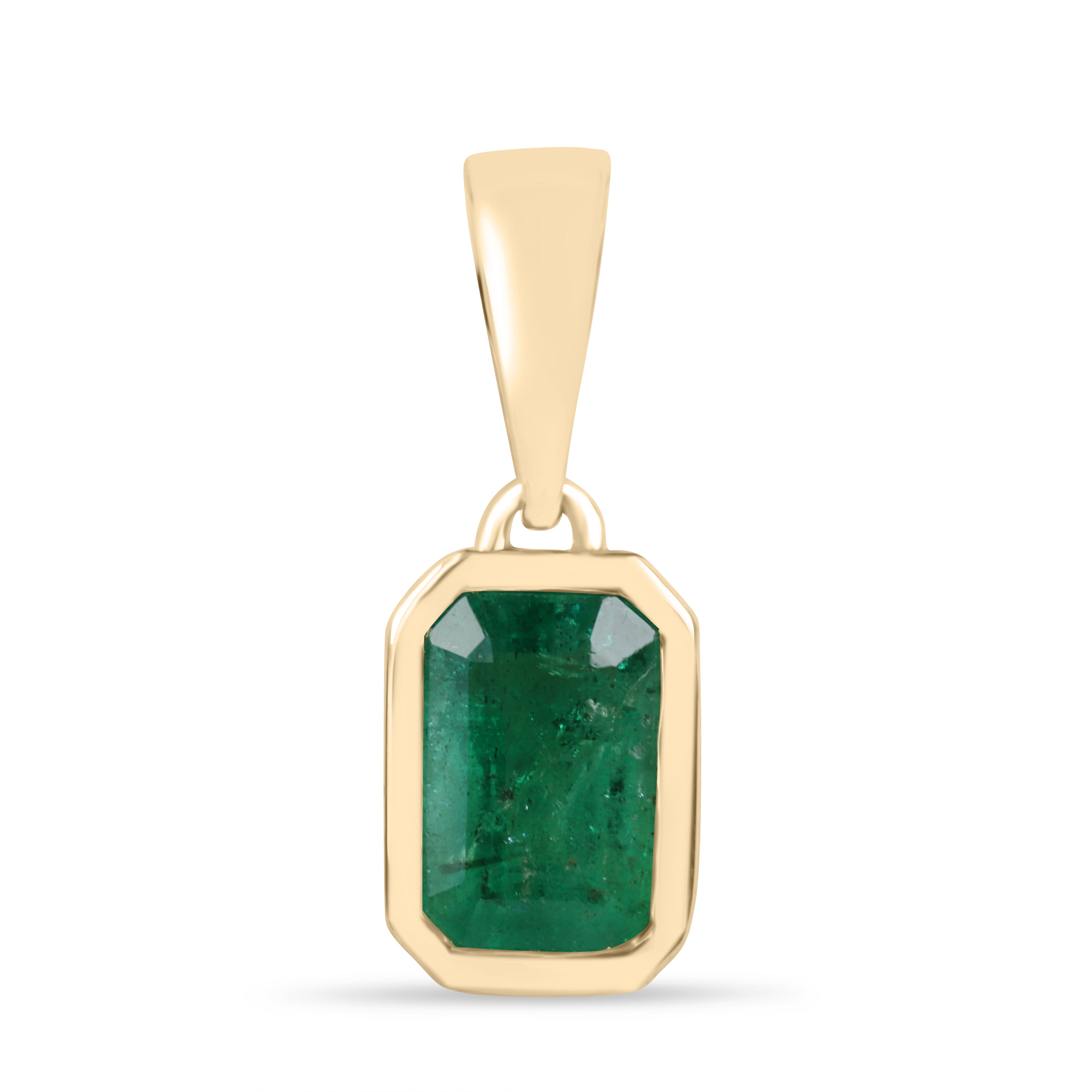 14K natural emerald bezel necklace with large bail, featuring a 1.80ct emerald pendant from JR Colombian Emeralds.