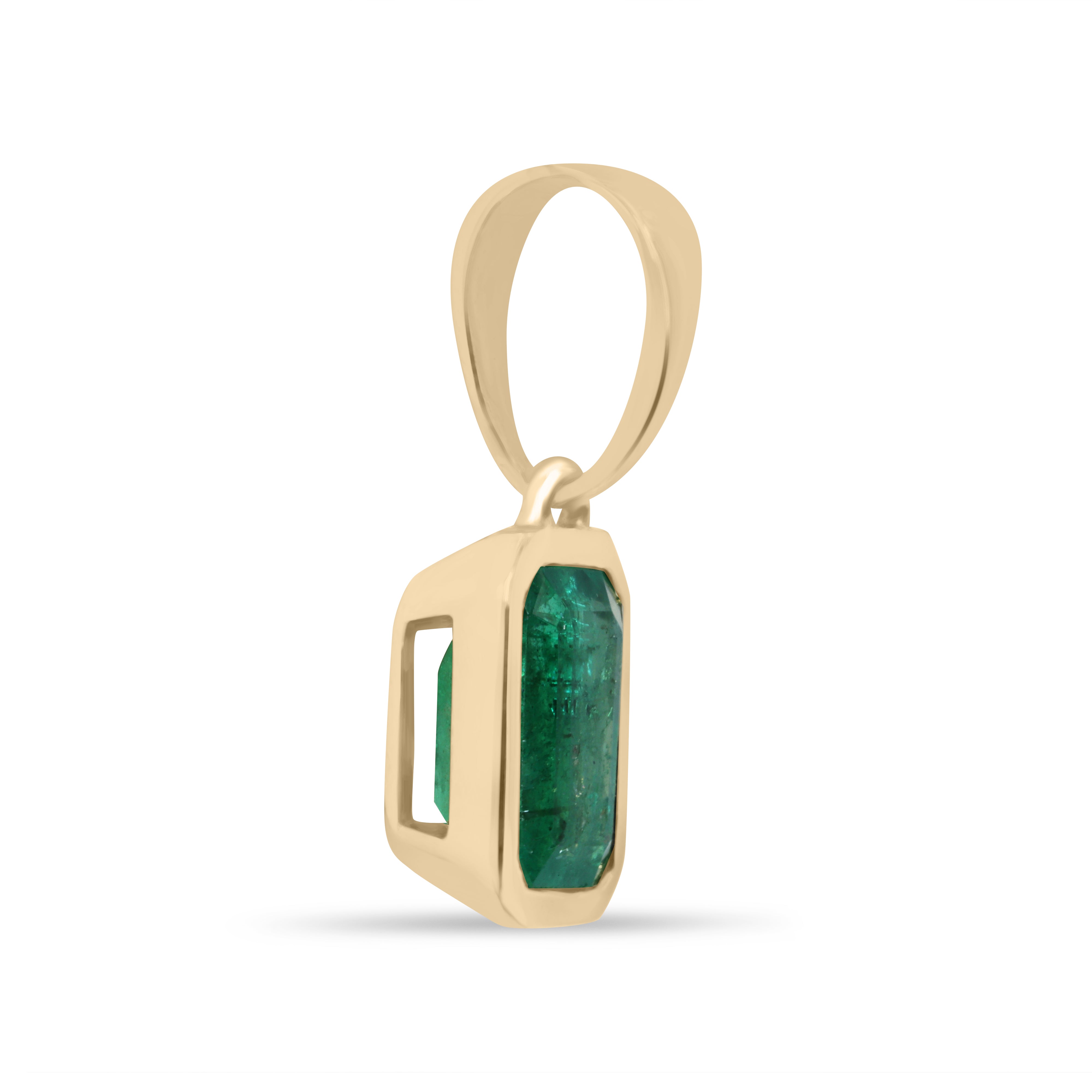 14K natural emerald bezel pendant necklace with large bail by JR Colombian Emeralds, showcasing a 1.80ct vibrant green emerald.