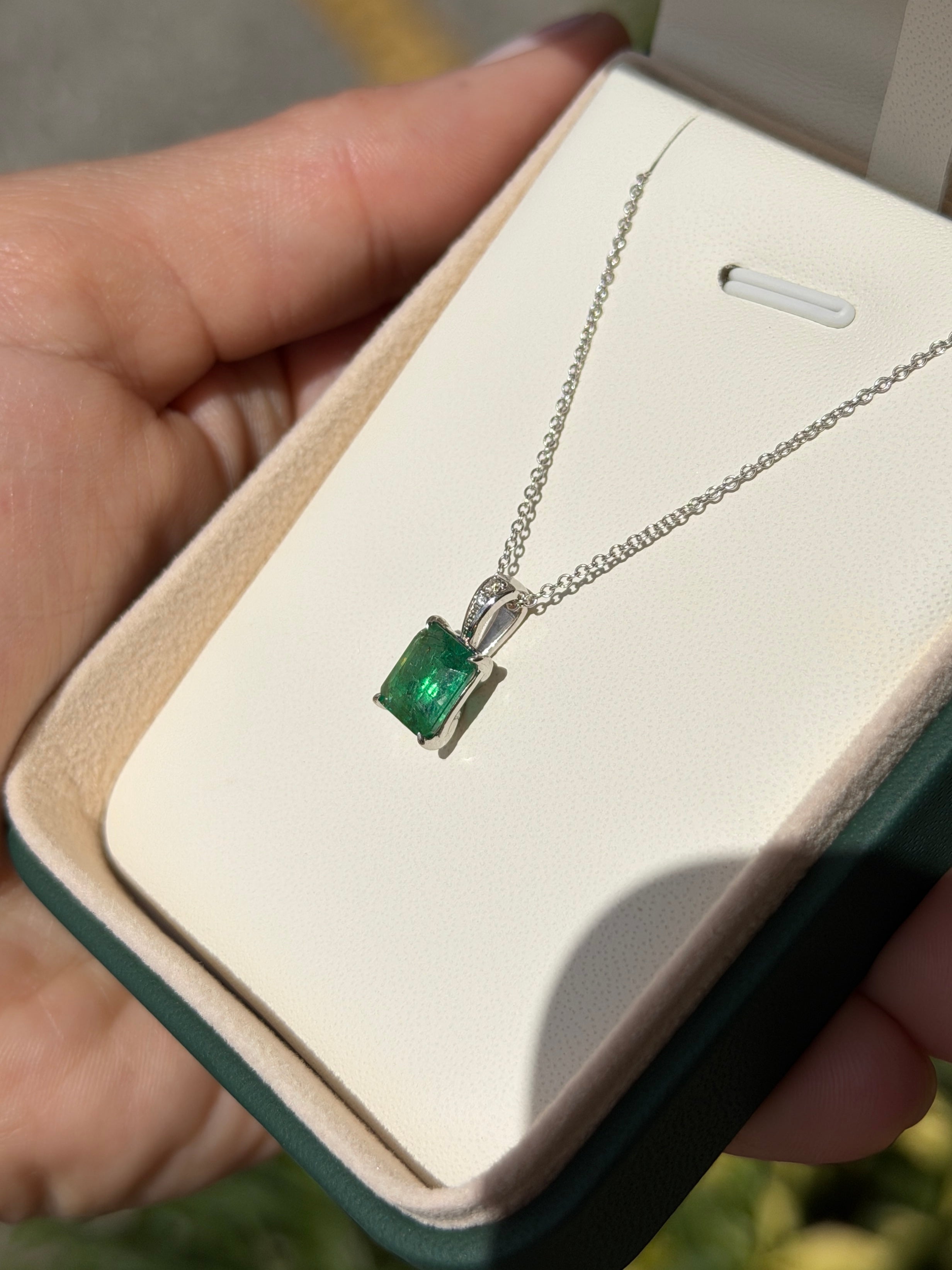 Emerald cut emerald and diamond bail pendant in 14K white gold with 1.60tcw from JR Colombian Emeralds