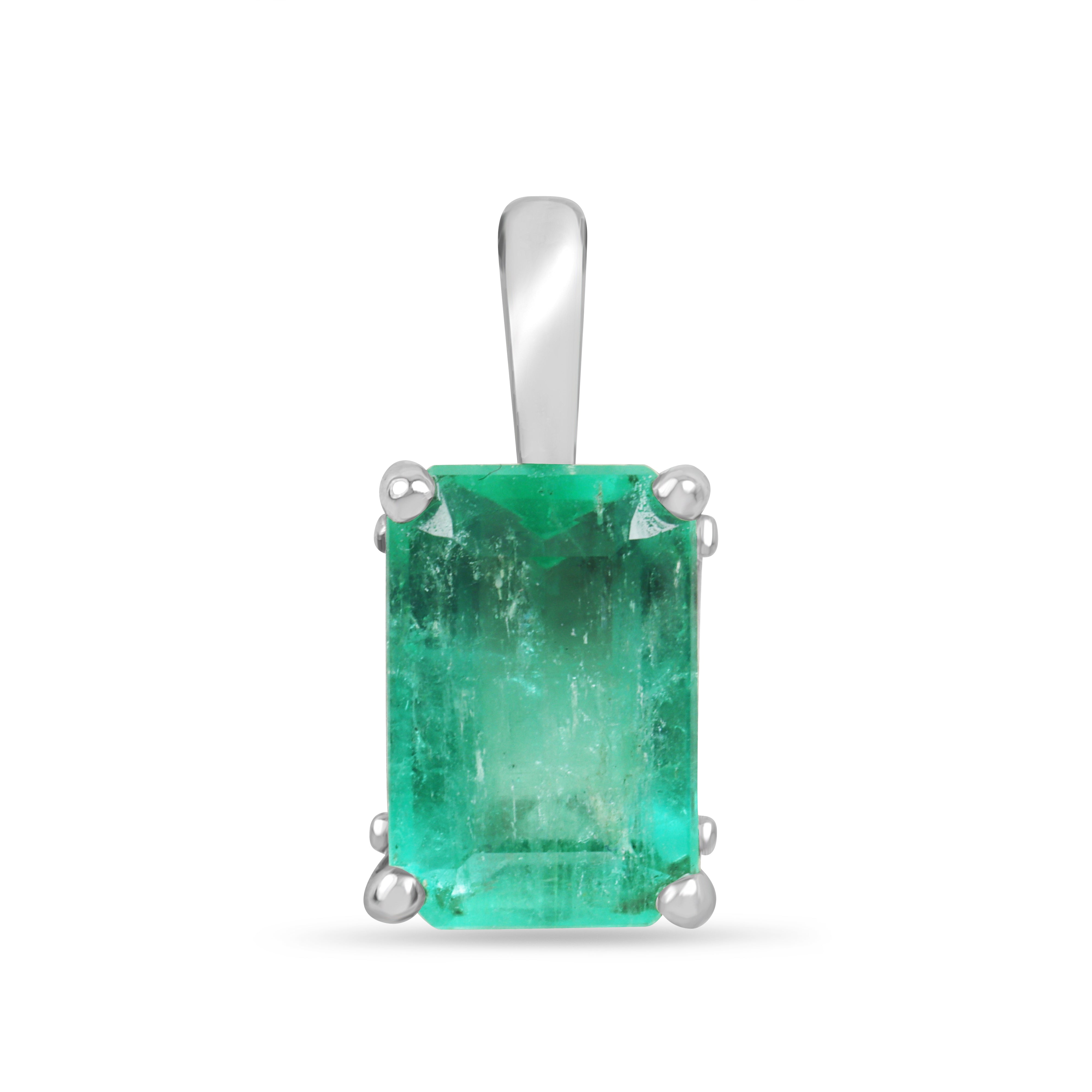 14K white gold Colombian emerald solitaire necklace with 1.19 carat emerald pendant, featuring fine craftsmanship and elegant design.