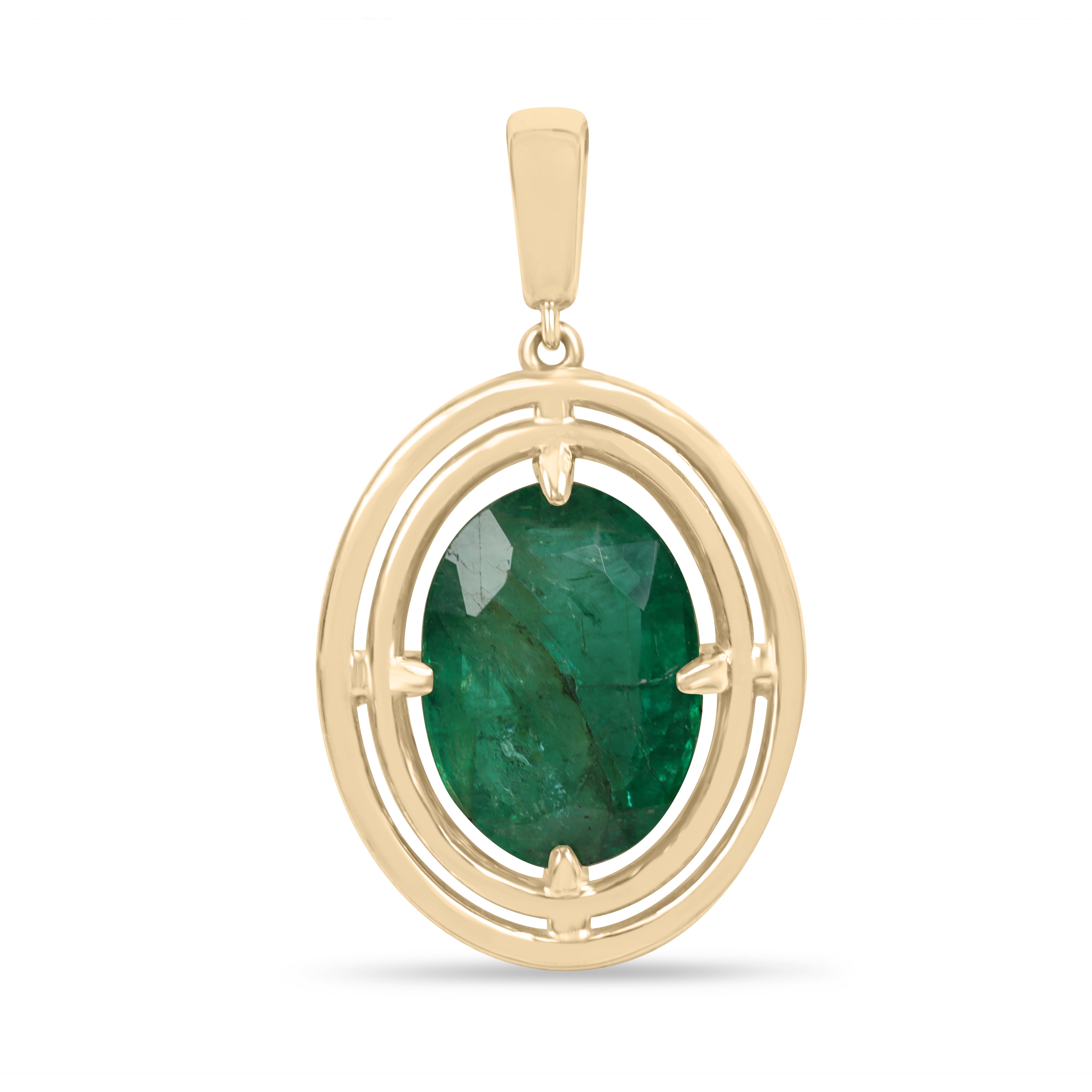 5.71 carat oval emerald solitaire pendant with double halo in 14K yellow gold, featuring a four-prong floating setting.