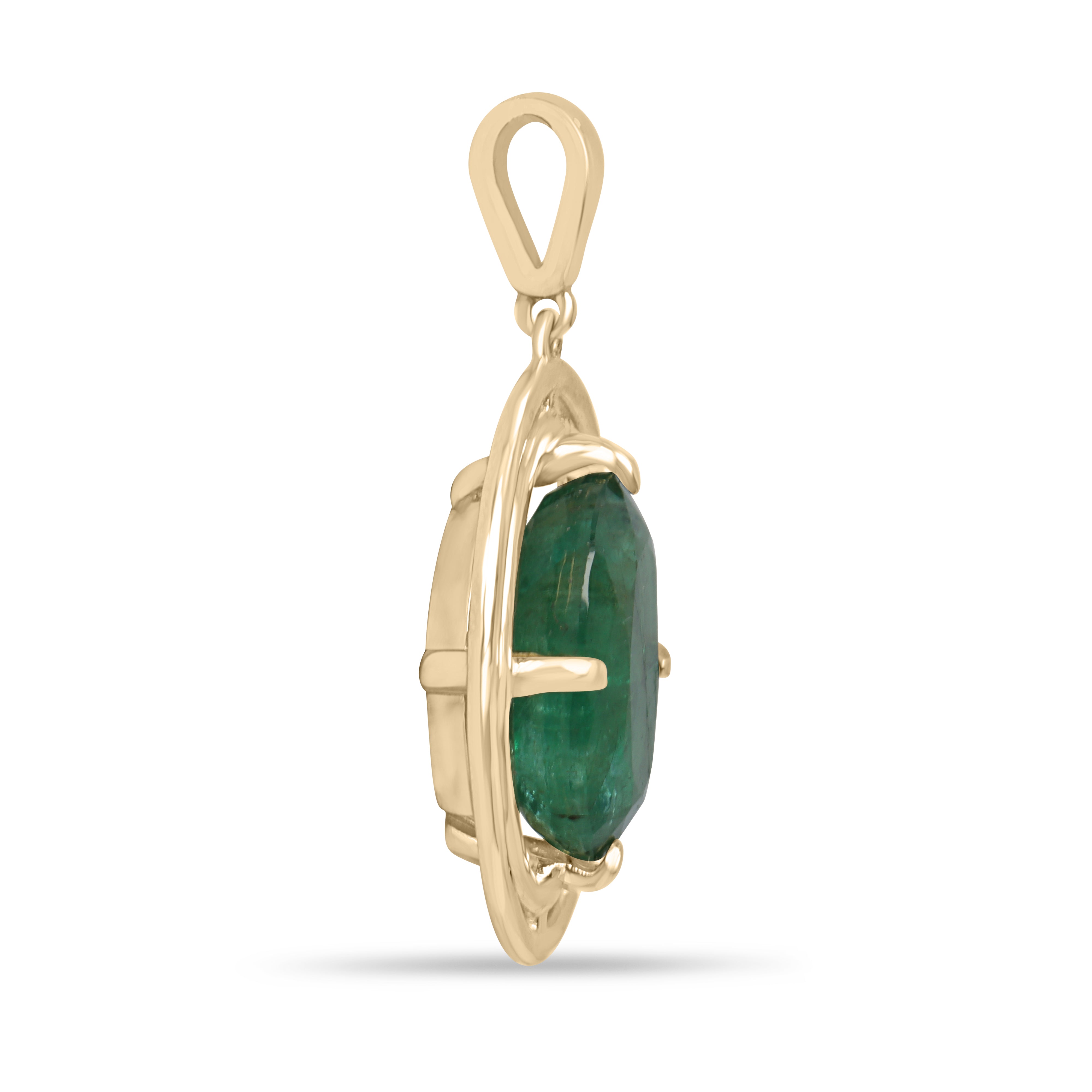 Oval 5.71 carat emerald solitaire pendant with double halo, four prongs, floating setting in 14K yellow gold by JR Colombian Emeralds.