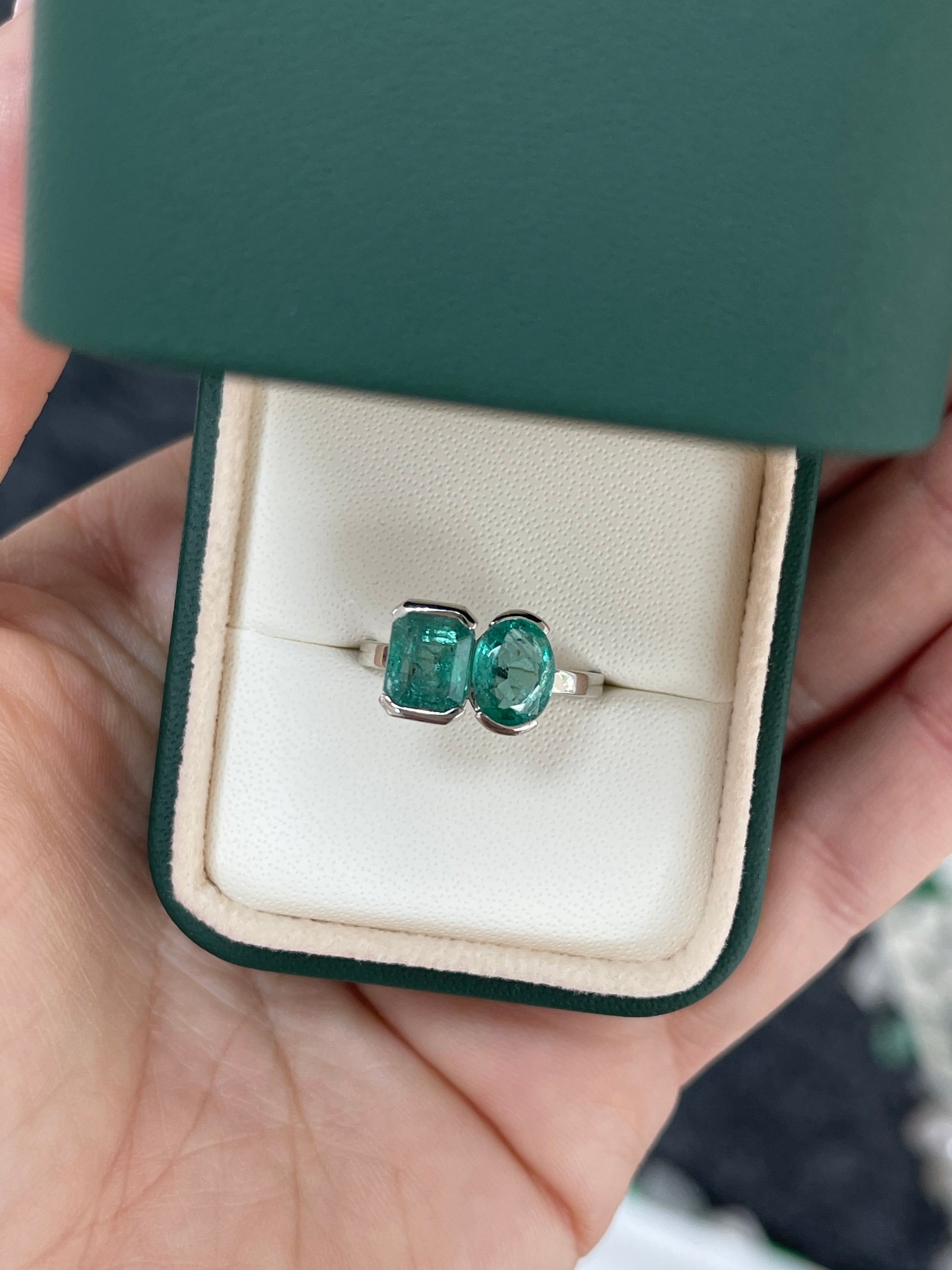 2.70tcw 14K Natural Bluish-Green Emerald Toi et Moi Ring with Oval & Emerald Cut Emeralds - JR Colombian Emeralds